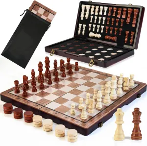 2 in 1 Magnetic Wooden Chess Set & Checkers Board Game, 15’’ Folding Chess Board with Pieces Storage Slots, 2 Extra Queens, Portable Travel Chess Set for Kids Adults Beginner Age 3 