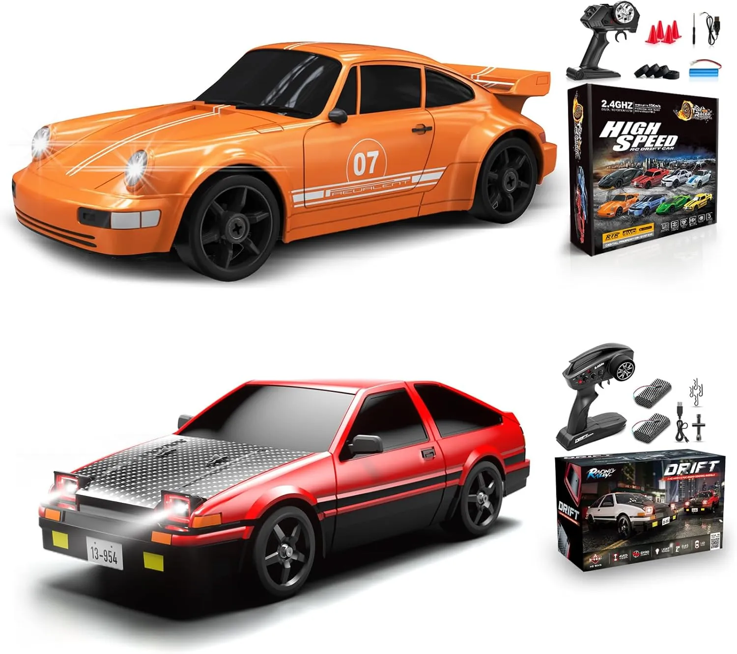 2 PCS RC Drift Car, RC Drift Car 1:24 Remote Control Car 4WD 15KM/H Remote Control Car and 1:12 Fast RC Car 2.4GHz 35KM/H High Speed Performance with Gyro Racing Car Gift for Adults Kids Boys Girls