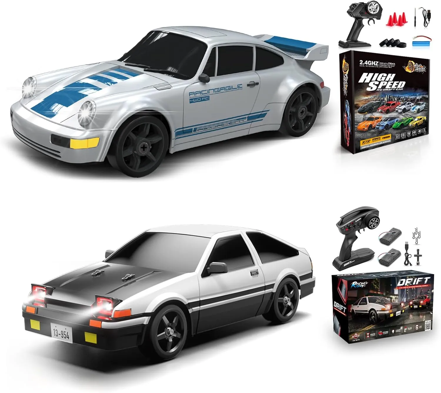 2 PCS RC Drift Car, RC Drift Car 1:24 Remote Control Car 4WD 15KM/H Remote Control Car and 1:12 Fast RC Car 2.4GHz 35KM/H High Speed Performance with Gyro Racing Car Gift for Adults Kids Boys Girls