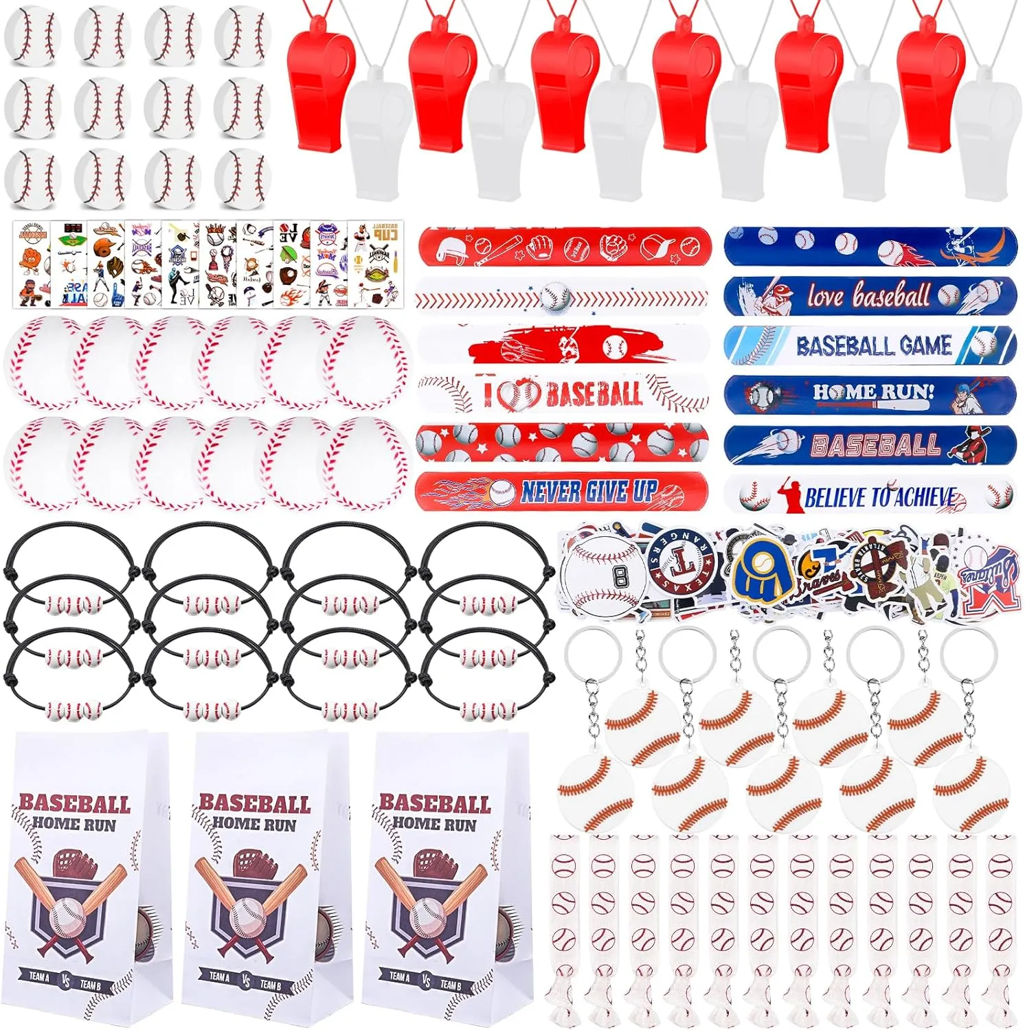 208Pcs Baseball Party Favors with Bags, Whistles, Mini Balls, Slap Bracelets, Keychains, Stickers & Tattoos for Party Goodie Bags