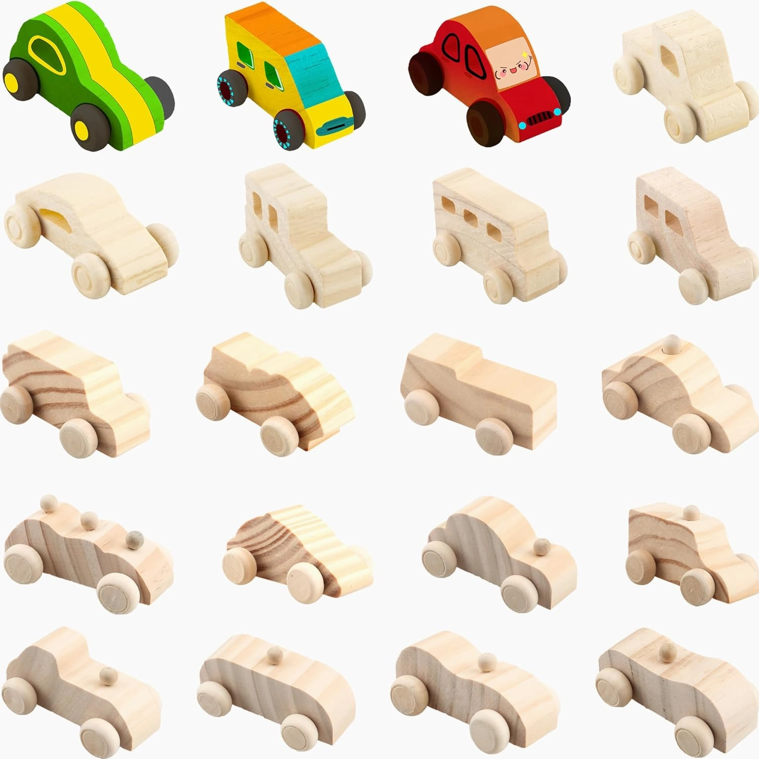20 Pack Wooden DIY Craft Cars Unfinished Paintable Wood Car Toys for Kids DIY Handicraft Projects School Home Craft Activities, 20 Styles