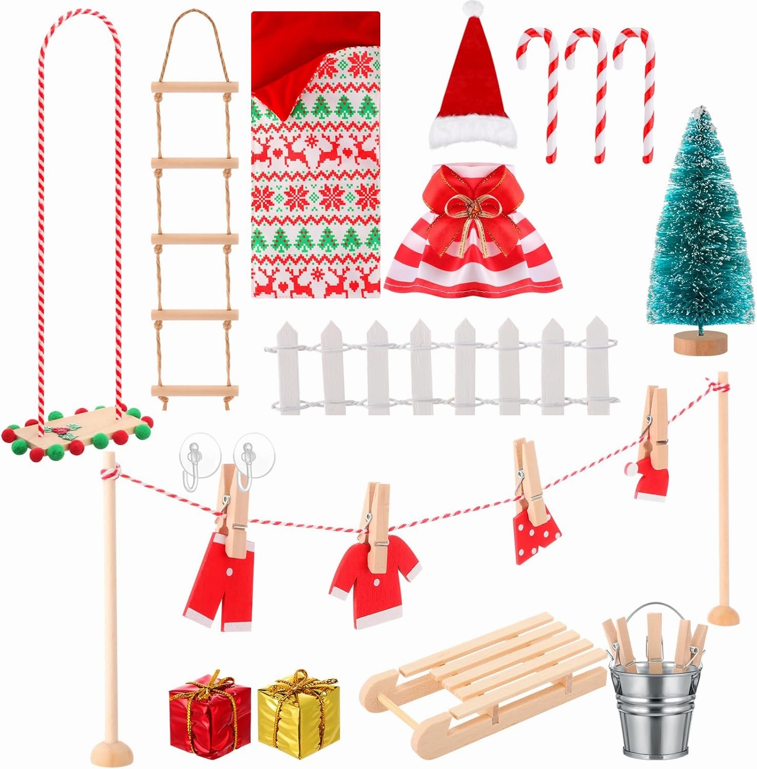 20 Pcs Christmas Doll Accessories Set Include Clothes Ladder Swing Sleeping Bag Fence and Mini Props Suction Cup Hook Christmas DIY Craft Gift for Kids Xmas Clothes Accessories