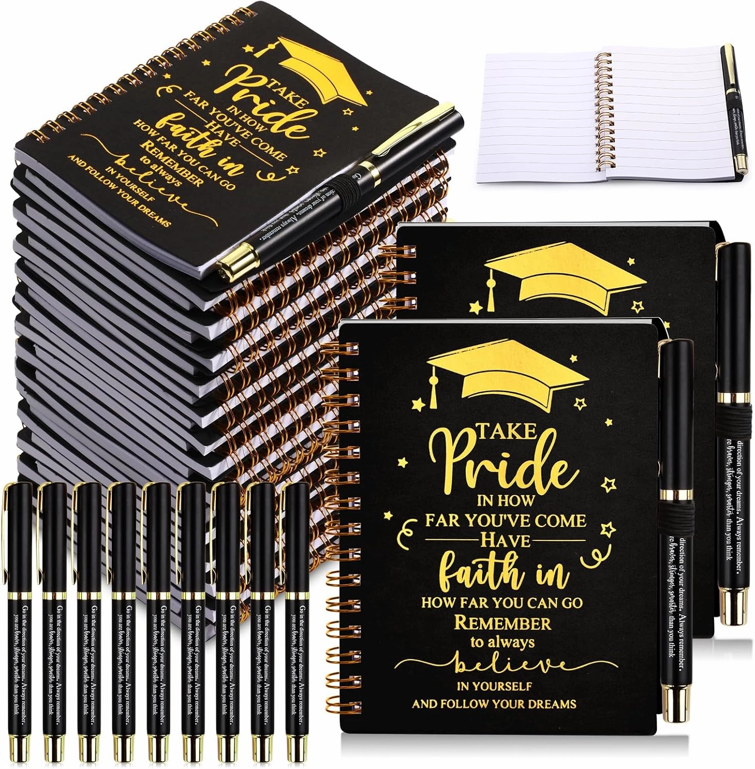 20 Sets 2025 Graduation Gifts Bulk Inspirational Spiral Journal with Motivational Pen Kraft Notebooks Class of 2025 Gifts for College Graduate (Black)