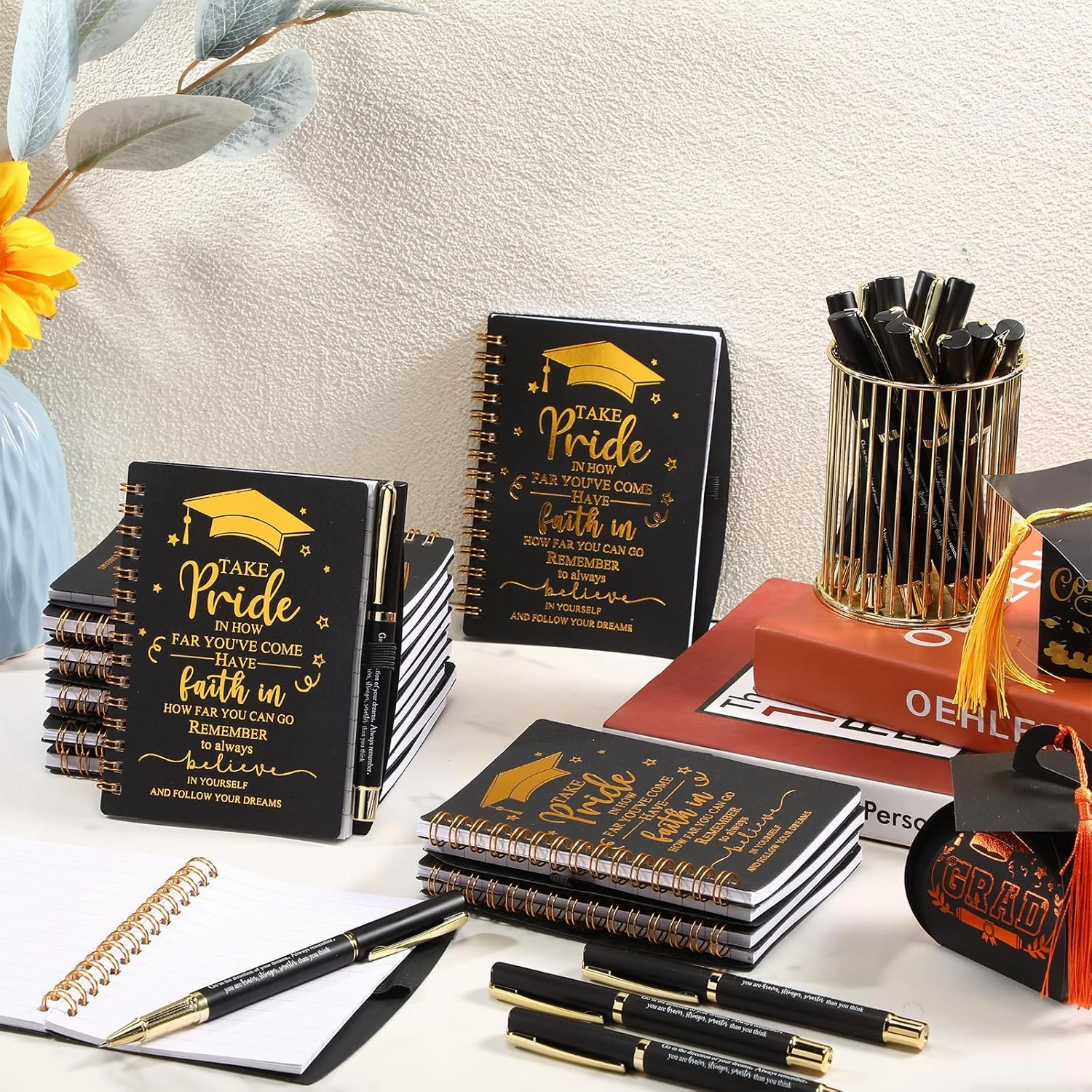 20 Sets 2025 Graduation Gifts Bulk Inspirational Spiral Journal with Motivational Pen Kraft Notebooks Class of 2025 Gifts for College Graduate (Black)