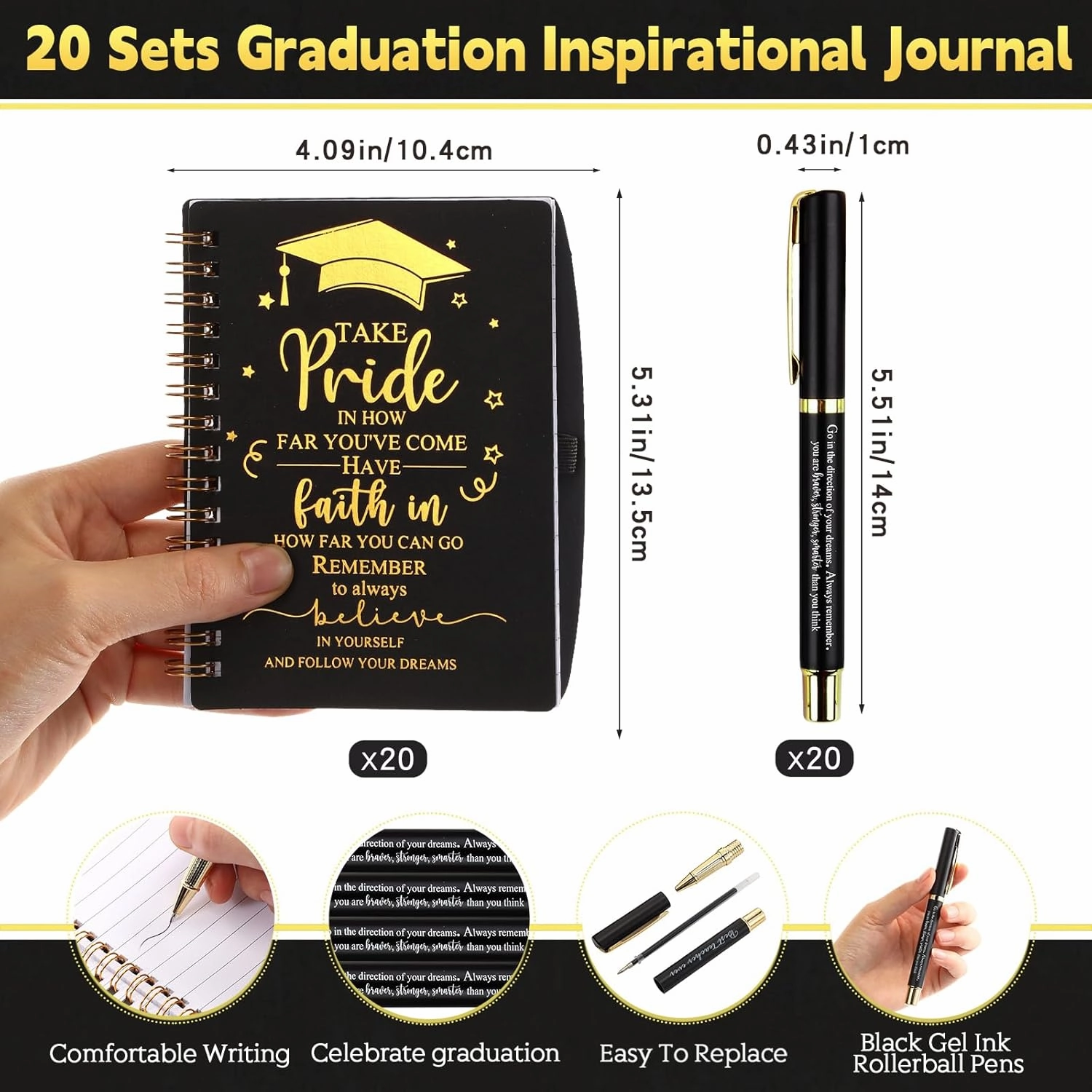 20 Sets 2025 Graduation Gifts Bulk Inspirational Spiral Journal with Motivational Pen Kraft Notebooks Class of 2025 Gifts for College Graduate (Black)