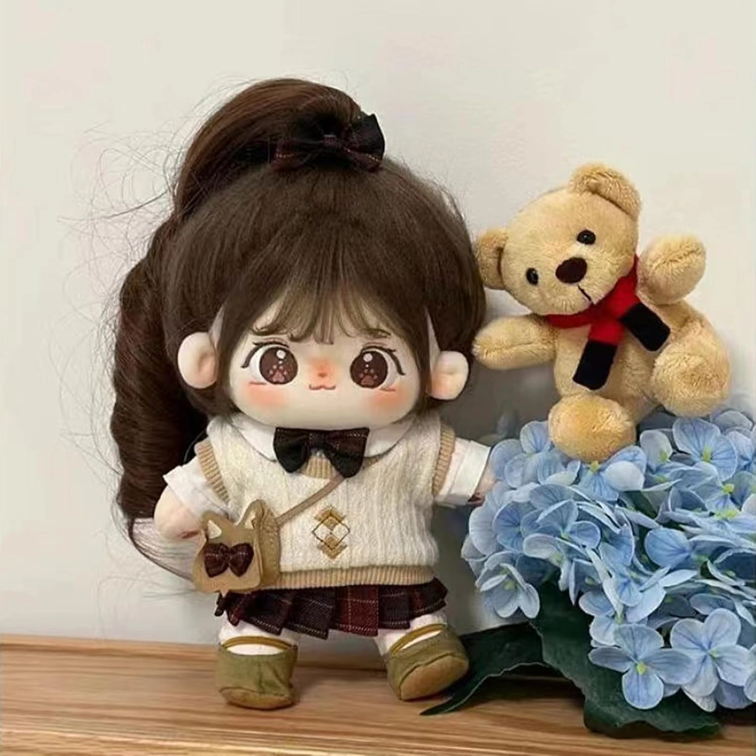 20cm Plush Doll Cotton Doll with Clothing Set,Kawaii Soft Stuffed Dress Up Dolls with Wig Cute Long Hair Cotton Doll for Girl Birthday Gift (Uniform Series-A-Skeleton)