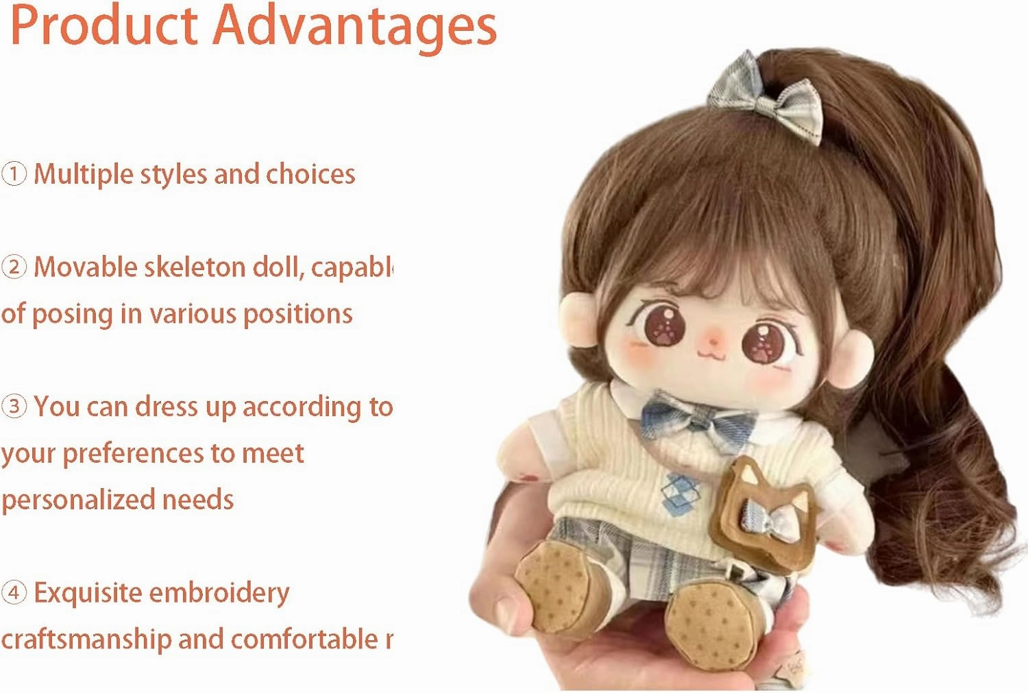 20cm Plush Doll Cotton Doll with Clothing Set,Kawaii Soft Stuffed Dress Up Dolls with Wig Cute Long Hair Cotton Doll for Girl Birthday Gift (Uniform Series-A-Skeleton)