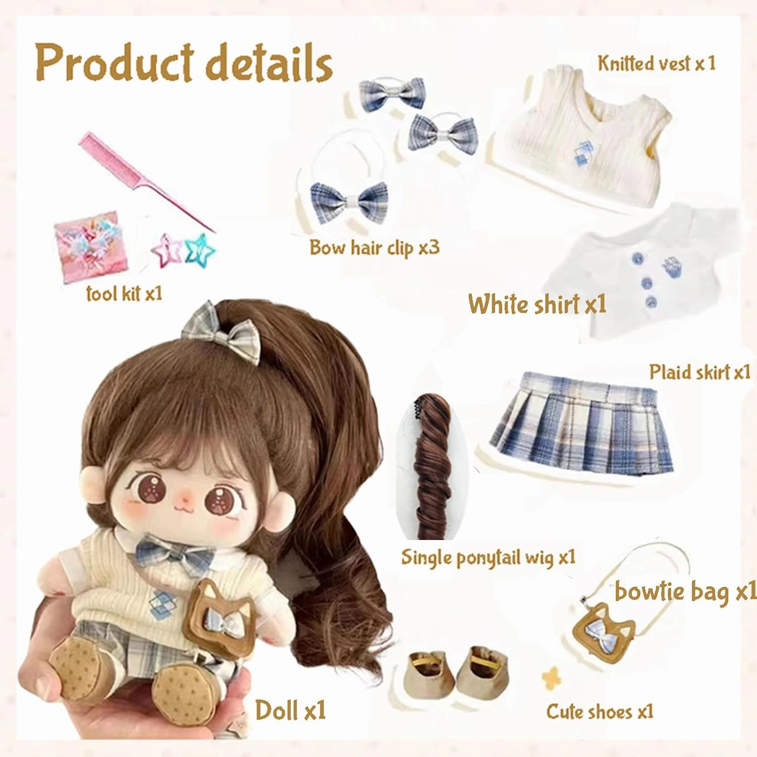 20cm Plush Doll Cotton Doll with Clothing Set,Kawaii Soft Stuffed Dress Up Dolls with Wig Cute Long Hair Cotton Doll for Girl Birthday Gift (Uniform Series-A-Skeleton)
