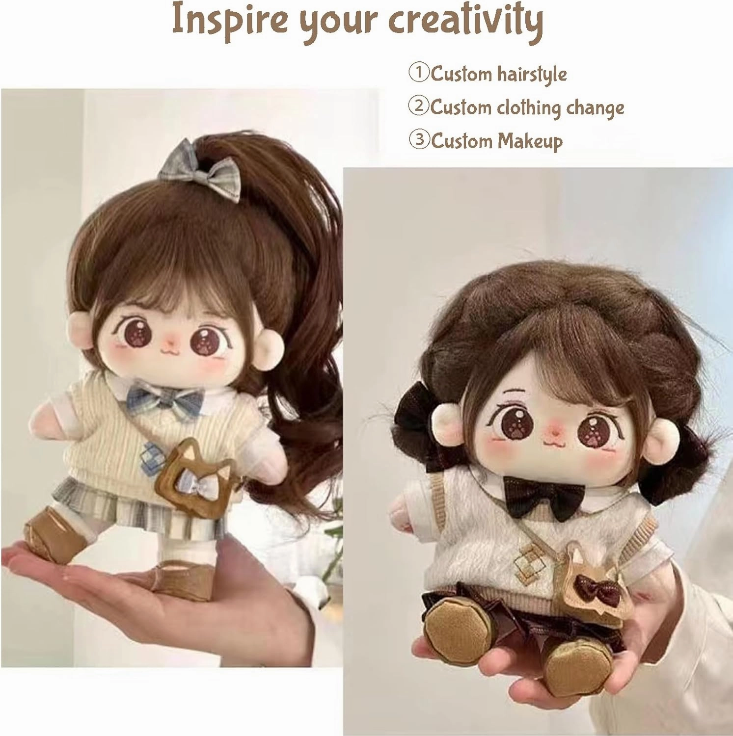 20cm Plush Doll Cotton Doll with Clothing Set,Kawaii Soft Stuffed Dress Up Dolls with Wig Cute Long Hair Cotton Doll for Girl Birthday Gift (Uniform Series-A-Skeleton)