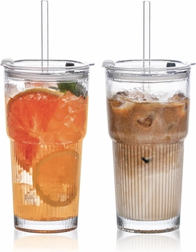 20oz Glass Tumblers with Lids and Straws, Set of 2 - Stylish Ribbed Design Drinking Glasses for Iced Coffee Cups, Juice, Smoothies, Cold Beverages, Includes Cleaning Brush, Durable Glassware