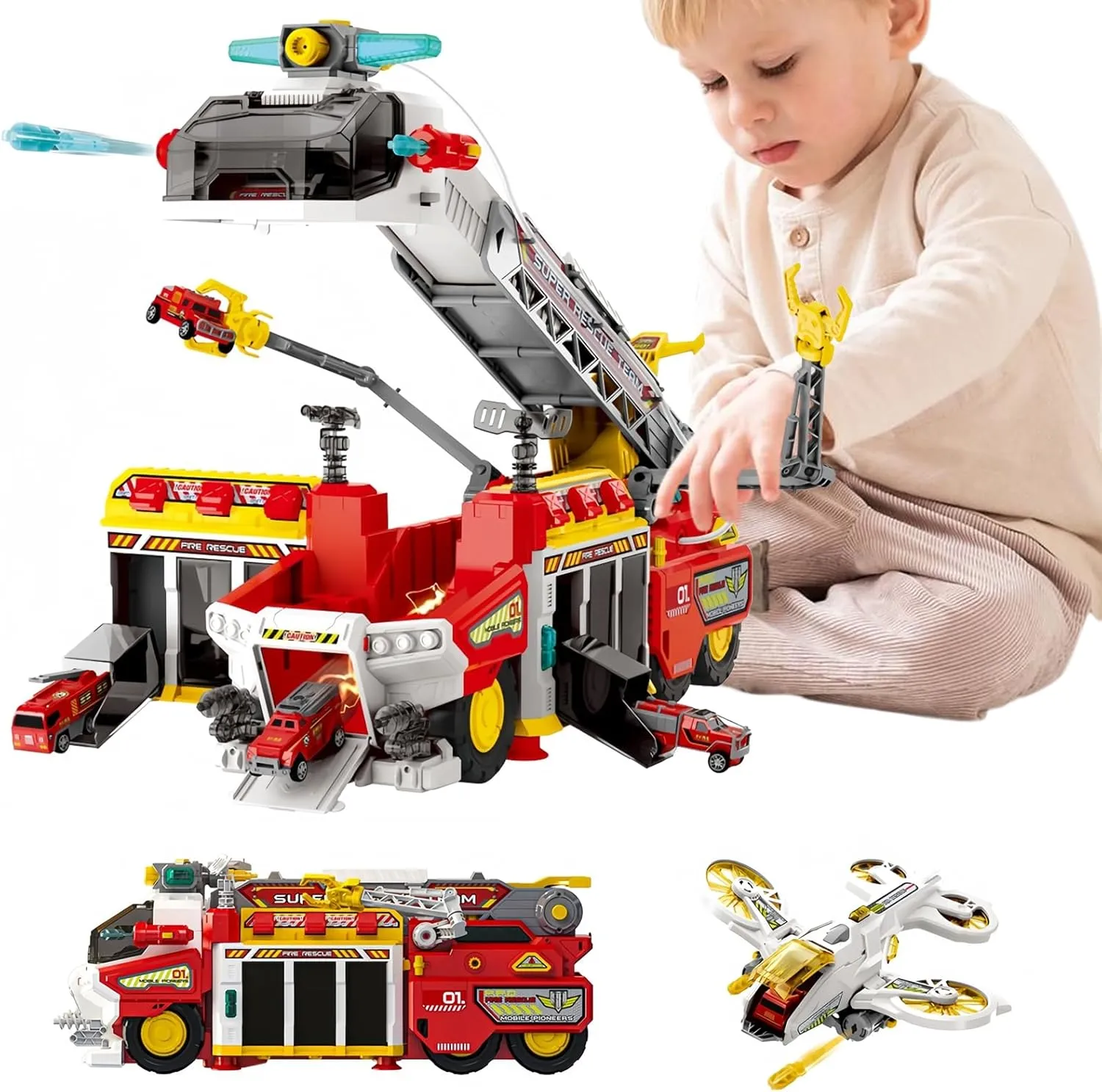 21 inch 8 in 1 Large Fire Truck Toy Set, Fire Trucks Car Toys and Airplane Toy with Lights and Sounds for 3   Years Old Boys,Big Firetruck Engine for Water Spray Function Christmas Birthday Gift