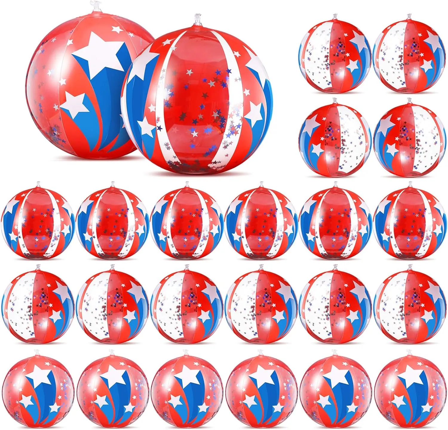 24 Pcs Patriotic Inflatable Beach Balls 12 Inch Glitter Pool Toys Balls Bulk 4th of July Red White and Blue Beach with Star Confetti for Summer Party Favors