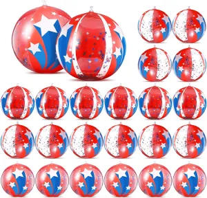 24 Pcs Patriotic Inflatable Beach Balls 12 Inch Glitter Pool Toys Balls Bulk 4th of July Red White and Blue Beach with Star Confetti for Summer Party Favors