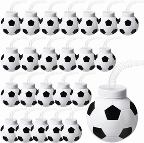 24 Set Soccer Ball Cups with Straws and Lids, 10 oz Plastic Reusable Soccer Cups Bulk for Kids Birthday Theme Party Supplies