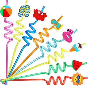 24Pcs Drinking Straws, Pool Party Decorations Supplies Summer Pool Beach Party Favors Crazy Silly Straws for Kids Hawaiian Birthday Goodie Bag Stuffers End of Year Student Gifts Bulk Prizes for Kids