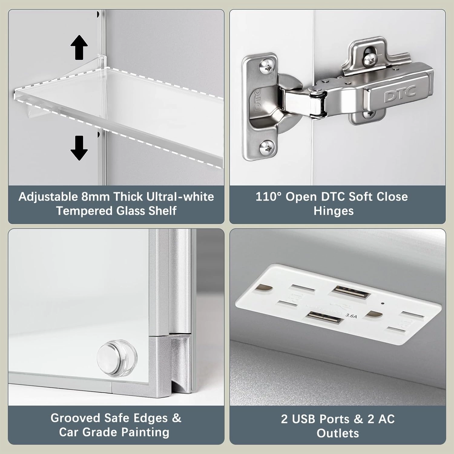 24x30 Inch Medicine Cabinet with Lights, AL Alloy Frame, Plug-in or Hardwired, Recessed or Surface Mount, 3 Colors/Dimmable/Interior Light/Defog, 2 Outlets & USBs, 2 Shelves (Right Hinge)