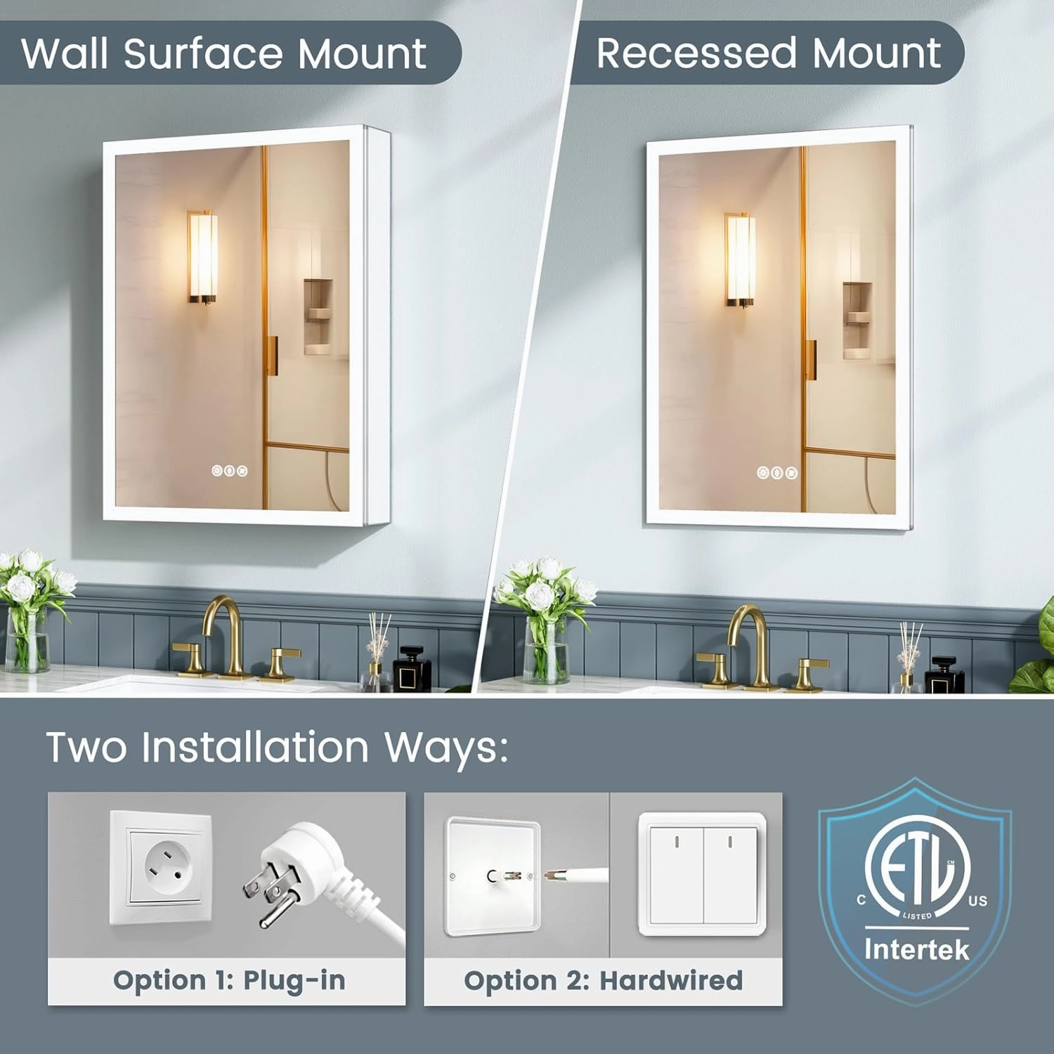 24x30 Inch Medicine Cabinet with Lights, AL Alloy Frame, Plug-in or Hardwired, Recessed or Surface Mount, 3 Colors/Dimmable/Interior Light/Defog, 2 Outlets & USBs, 2 Shelves (Right Hinge)