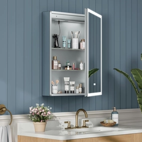 24x30 Inch Medicine Cabinet with Lights, AL Alloy Frame, Plug-in or Hardwired, Recessed or Surface Mount, 3 Colors/Dimmable/Interior Light/Defog, 2 Outlets & USBs, 2 Shelves (Right Hinge)