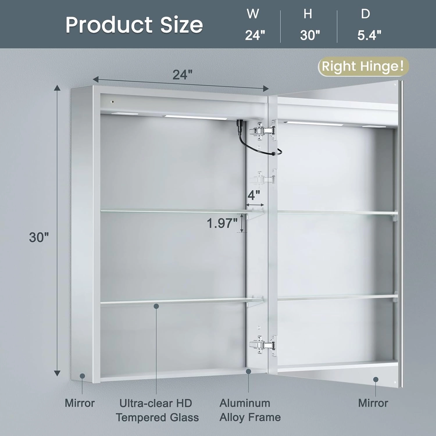 24x30 Inch Medicine Cabinet with Lights, AL Alloy Frame, Plug-in or Hardwired, Recessed or Surface Mount, 3 Colors/Dimmable/Interior Light/Defog, 2 Outlets & USBs, 2 Shelves (Right Hinge)