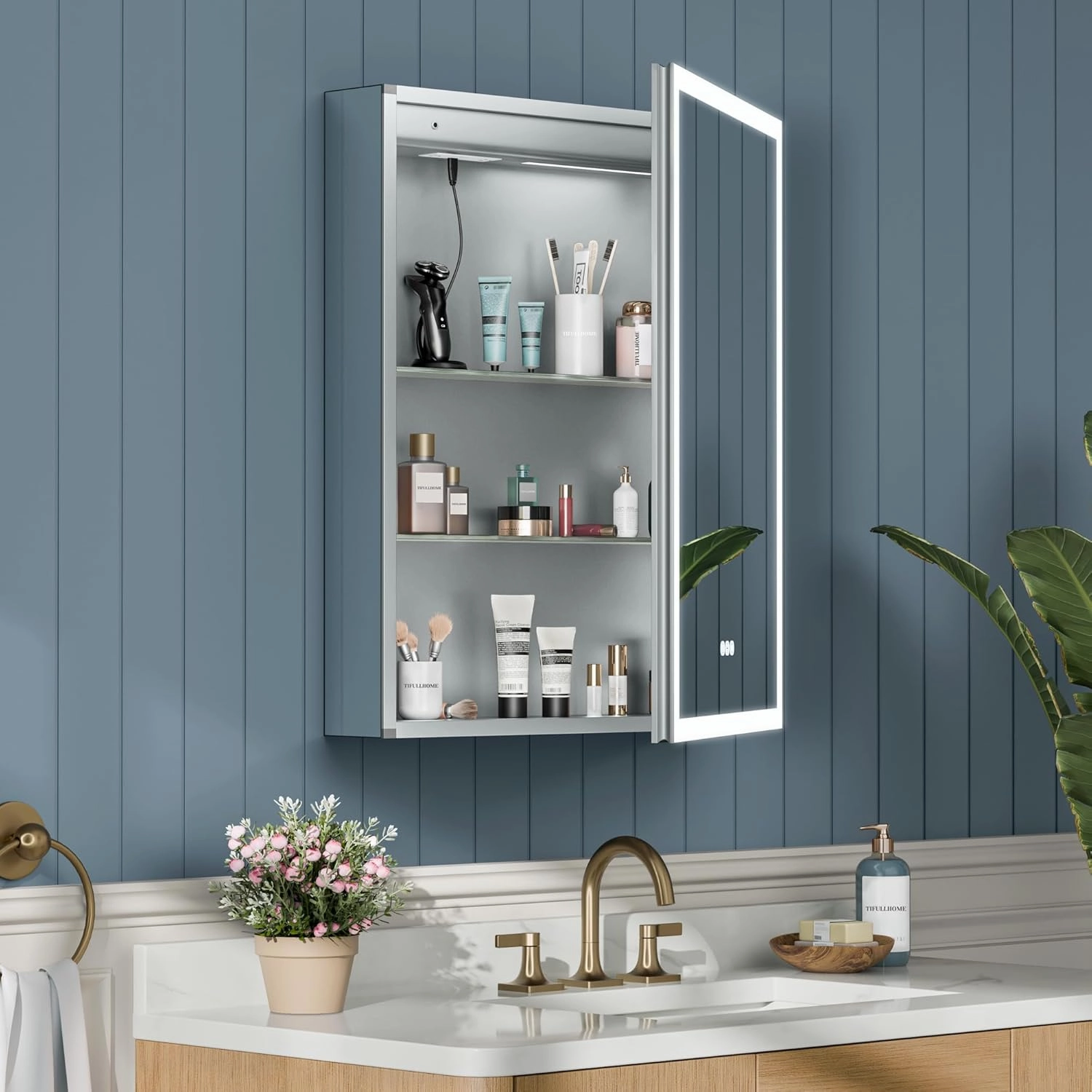 24x30 Inch Medicine Cabinet with Lights, AL Alloy Frame, Plug-in or Hardwired, Recessed or Surface Mount, 3 Colors/Dimmable/Interior Light/Defog, 2 Outlets & USBs, 2 Shelves (Right Hinge)