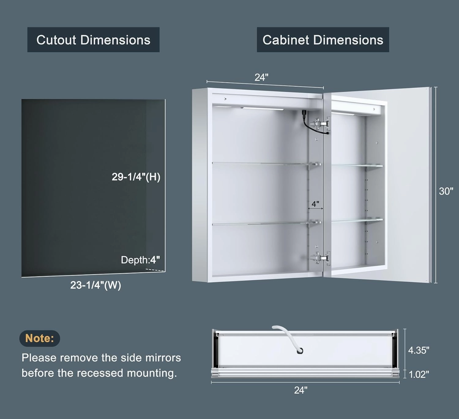 24x30 Inch Medicine Cabinet with Lights, AL Alloy Frame, Plug-in or Hardwired, Recessed or Surface Mount, 3 Colors/Dimmable/Interior Light/Defog, 2 Outlets & USBs, 2 Shelves (Right Hinge)