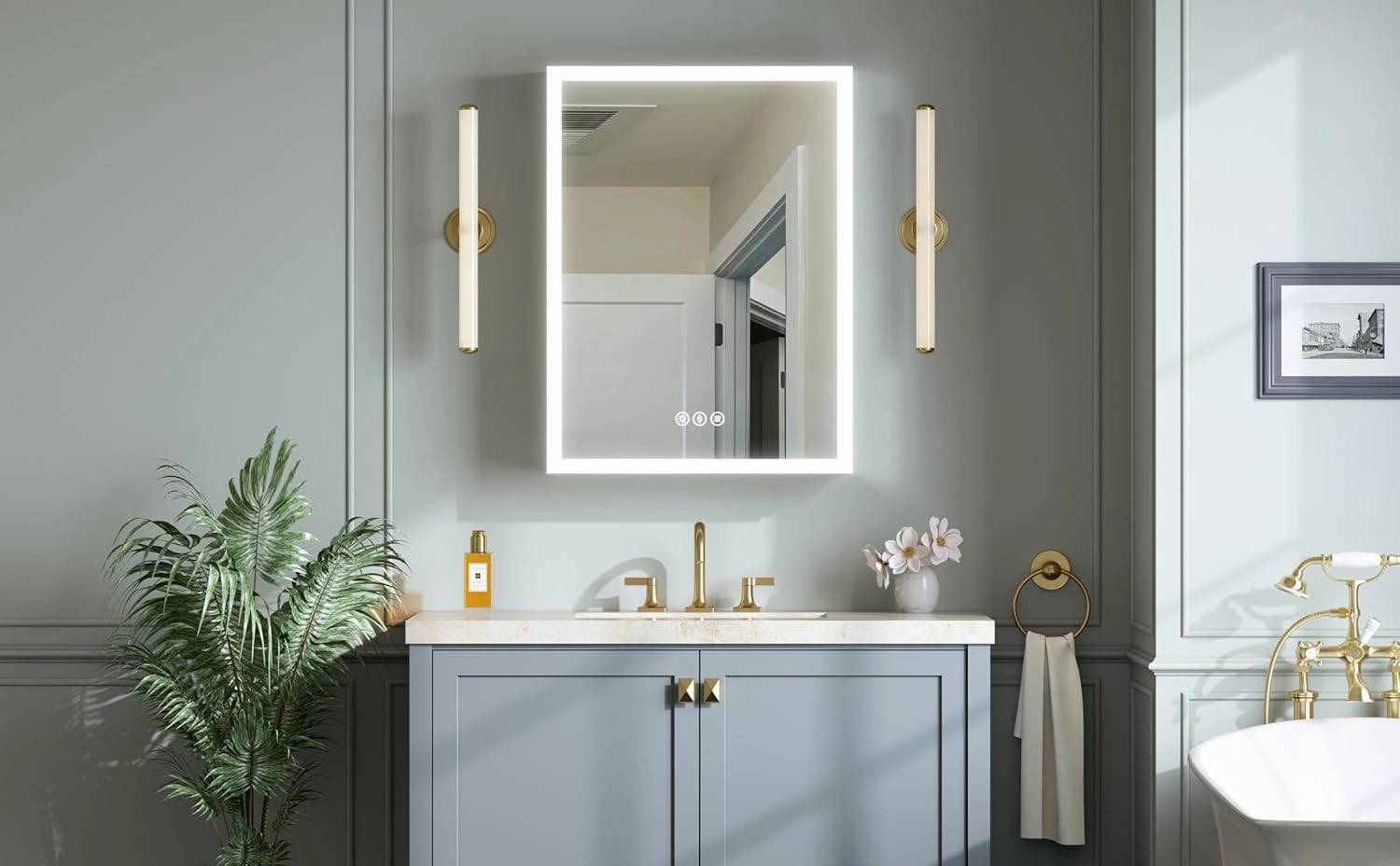 24x30 Inch Medicine Cabinet with Lights, AL Alloy Frame, Plug-in or Hardwired, Recessed or Surface Mount, 3 Colors/Dimmable/Interior Light/Defog, 2 Outlets & USBs, 2 Shelves (Right Hinge)