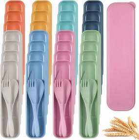 28 Sets Reusable Travel Utensils, Wheat Straw Cutlery Set 7 Assorted Colors, Portable Fork Spoon Cutter with Case, Lunch Box Tableware Set, Utensil Set for School Picnic Travel Outdoor Activities