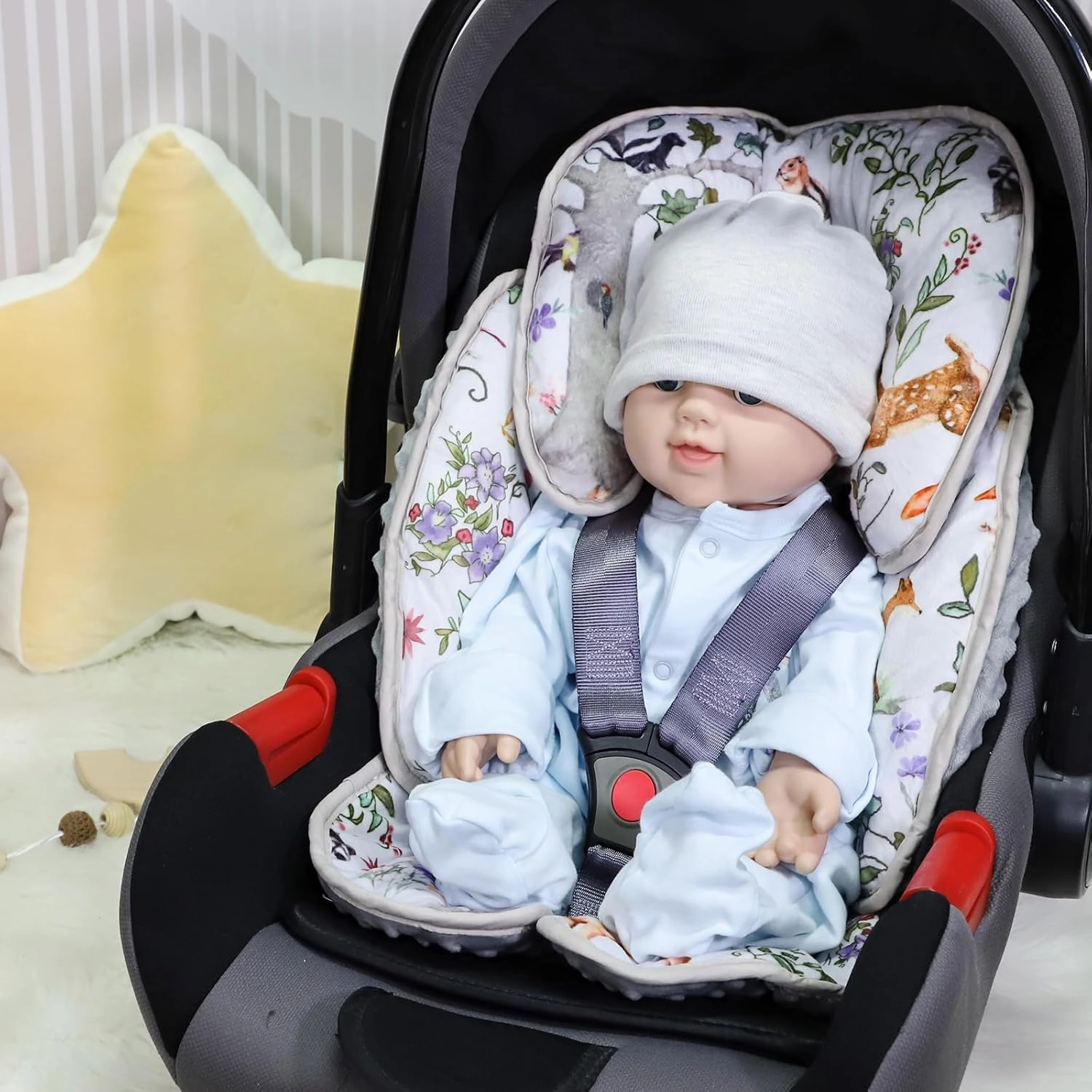 2 in 1 Infant Car Seat Insert, Car Seat Head Support Baby Girls Boys, Soft Newborn Carseat Insert Cushion, Perfect for Carseats, Strollers, Swings (Gray Animals)