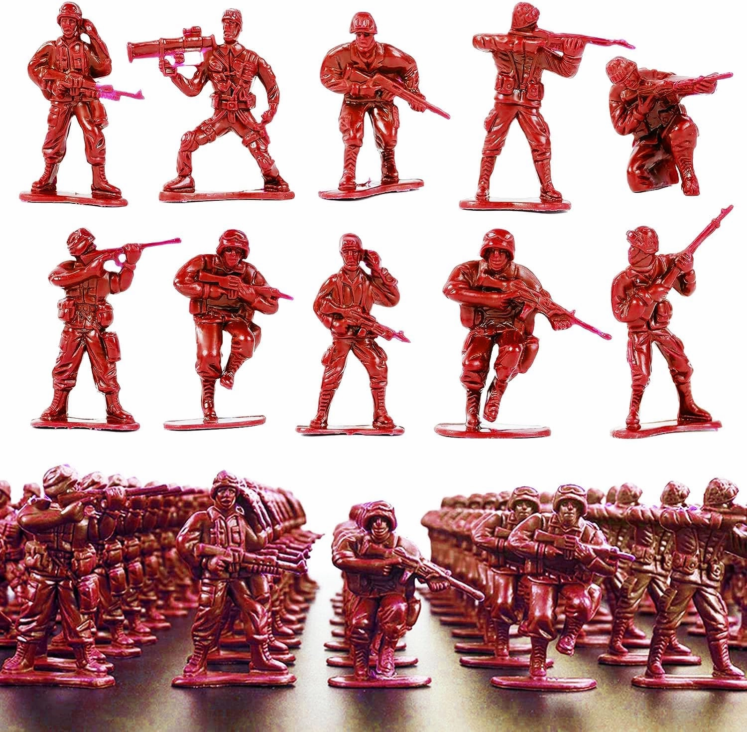 2-Inch Plastic Army Men Action Figures, 10 Unique Sculpts, Pack of 100 (Red)