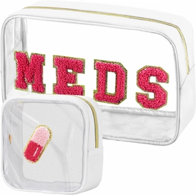 2 Pcs Medicine Chenille Letter Bag Preppy Clear Makeup Meds Bag for Travel Nylon & PVC Transparent Cosmetic Bag Preppy Patch Toiletry Storage for Women Girls White