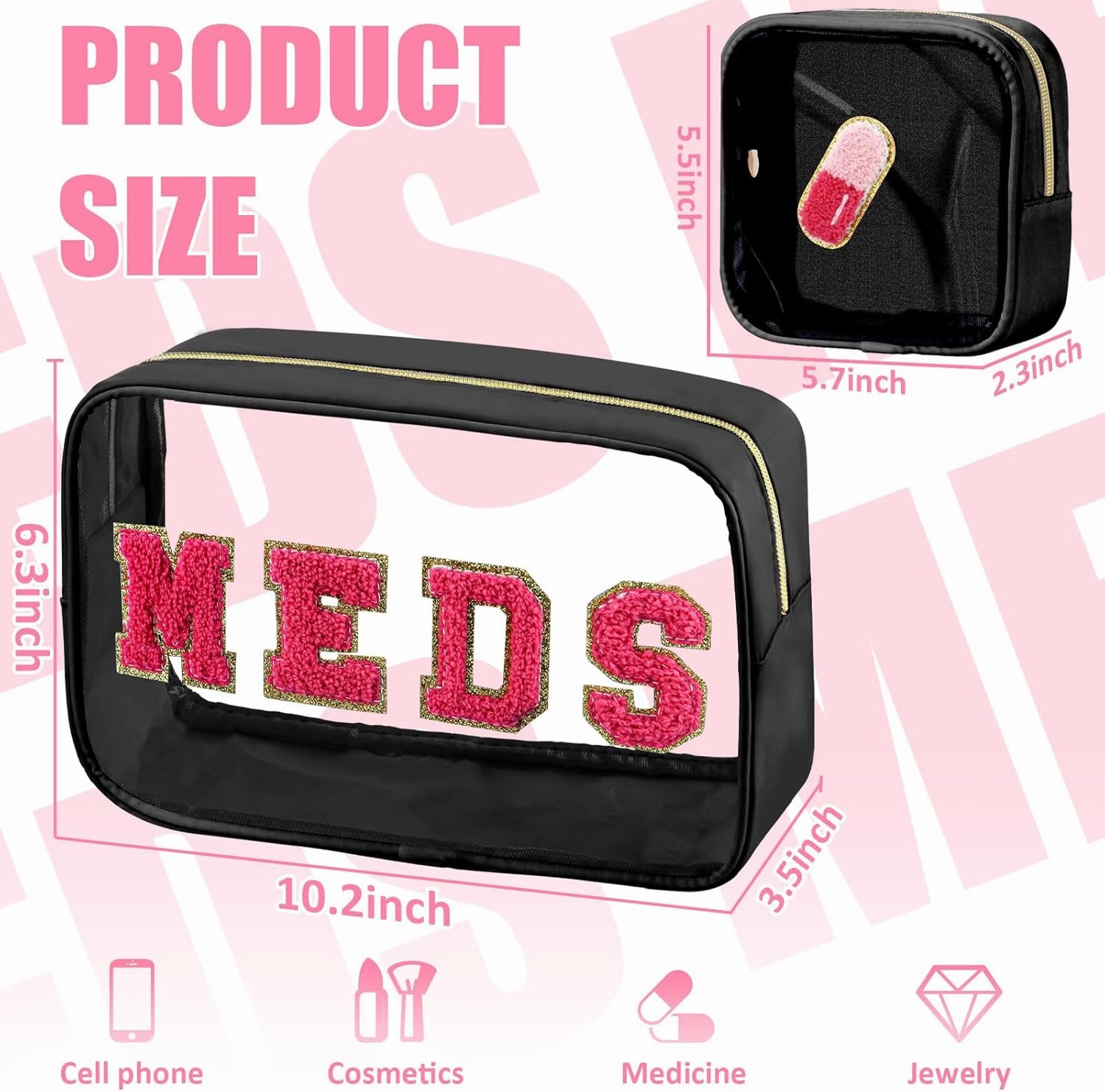 2 Pcs Medicine Chenille Letter Bag Preppy Clear Makeup Meds Pouch for Travel Nylon & PVC Transparent Cosmetic Bag Preppy Patch Toiletry Storage for Women Girls Black