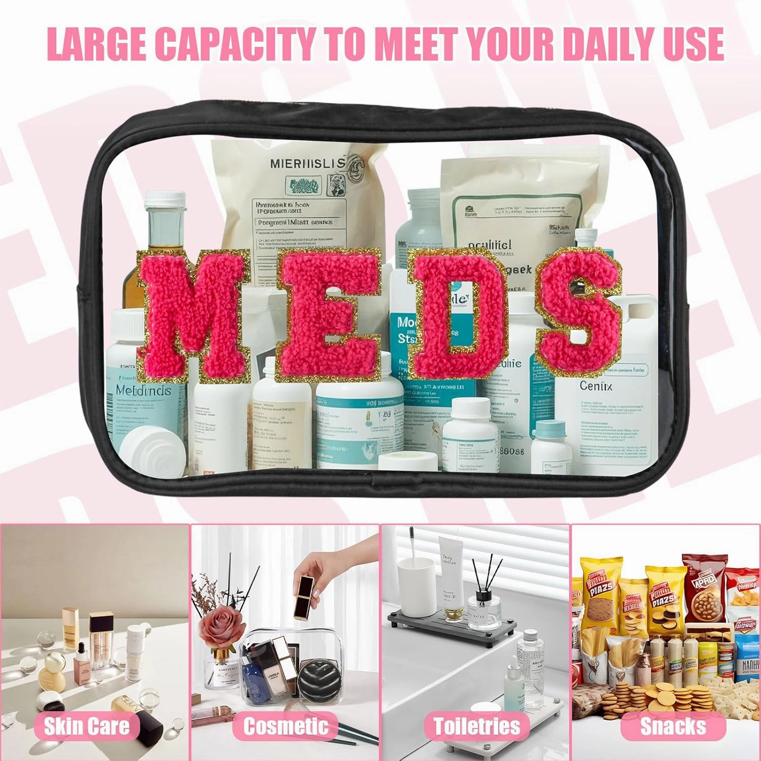2 Pcs Medicine Chenille Letter Bag Preppy Clear Makeup Meds Pouch for Travel Nylon & PVC Transparent Cosmetic Bag Preppy Patch Toiletry Storage for Women Girls Black