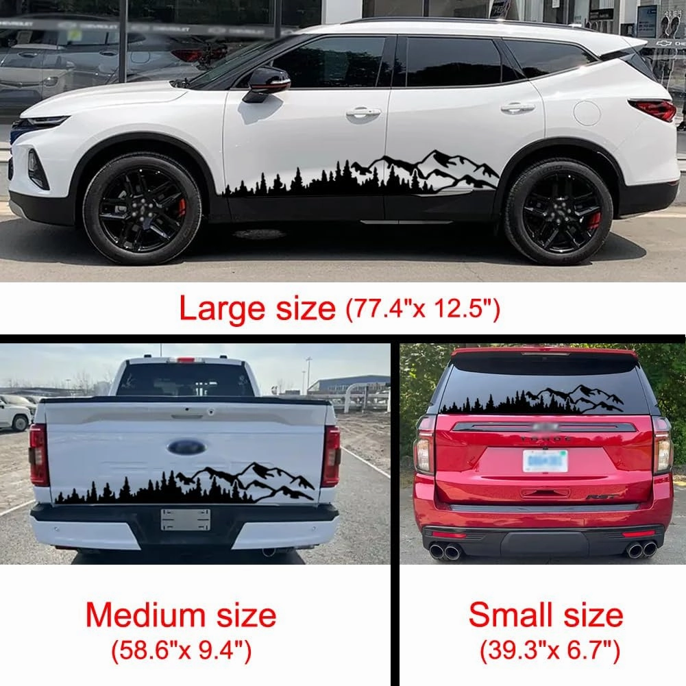 2Pcs Universal Mountain Tree Forest Vinyl Decals for Car Body Door Side Auto Graphic Stickers Accessories Decoration for RV Caravan Truck Panel SUV Off-Road Vehicles (Red, 74.4''*12.5'')