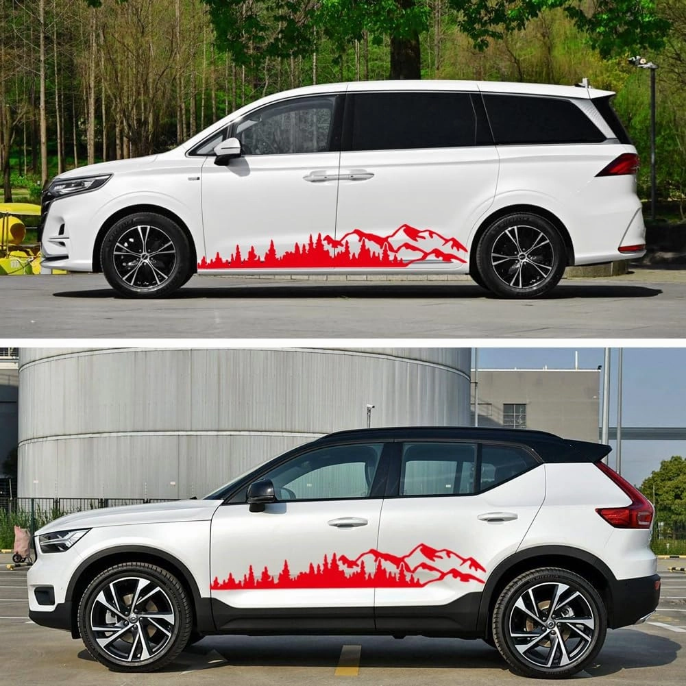 2Pcs Universal Mountain Tree Forest Vinyl Decals for Car Body Door Side Auto Graphic Stickers Accessories Decoration for RV Caravan Truck Panel SUV Off-Road Vehicles (Red, 74.4''*12.5'')