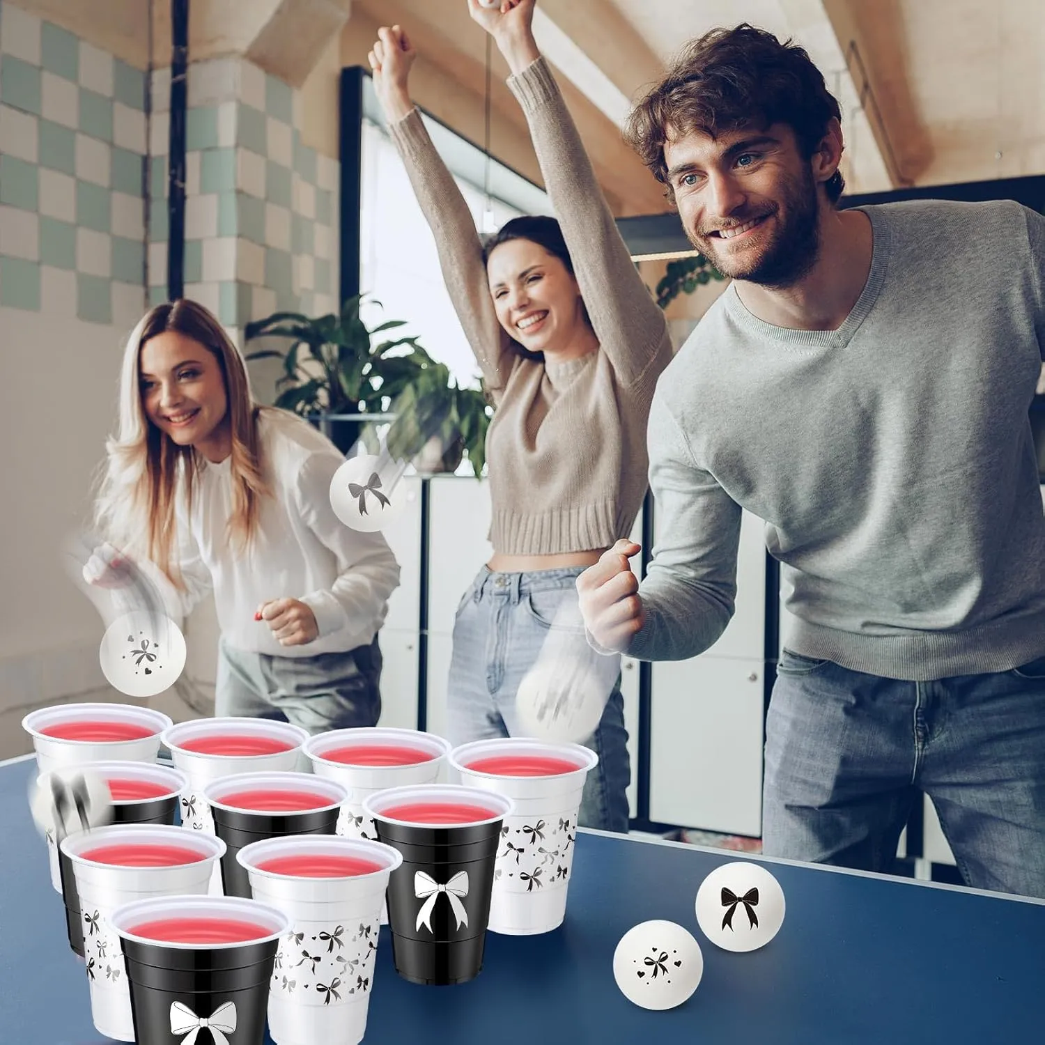 30 Pcs Black Bow Party Beer Ball Game Supplies Set, 22 Pcs 16 oz Coquette Bow Plastic Cup and 8 Pcs Bow Themed Beer Balls for Birthday Wedding Baby Shower Party Funny Supplies