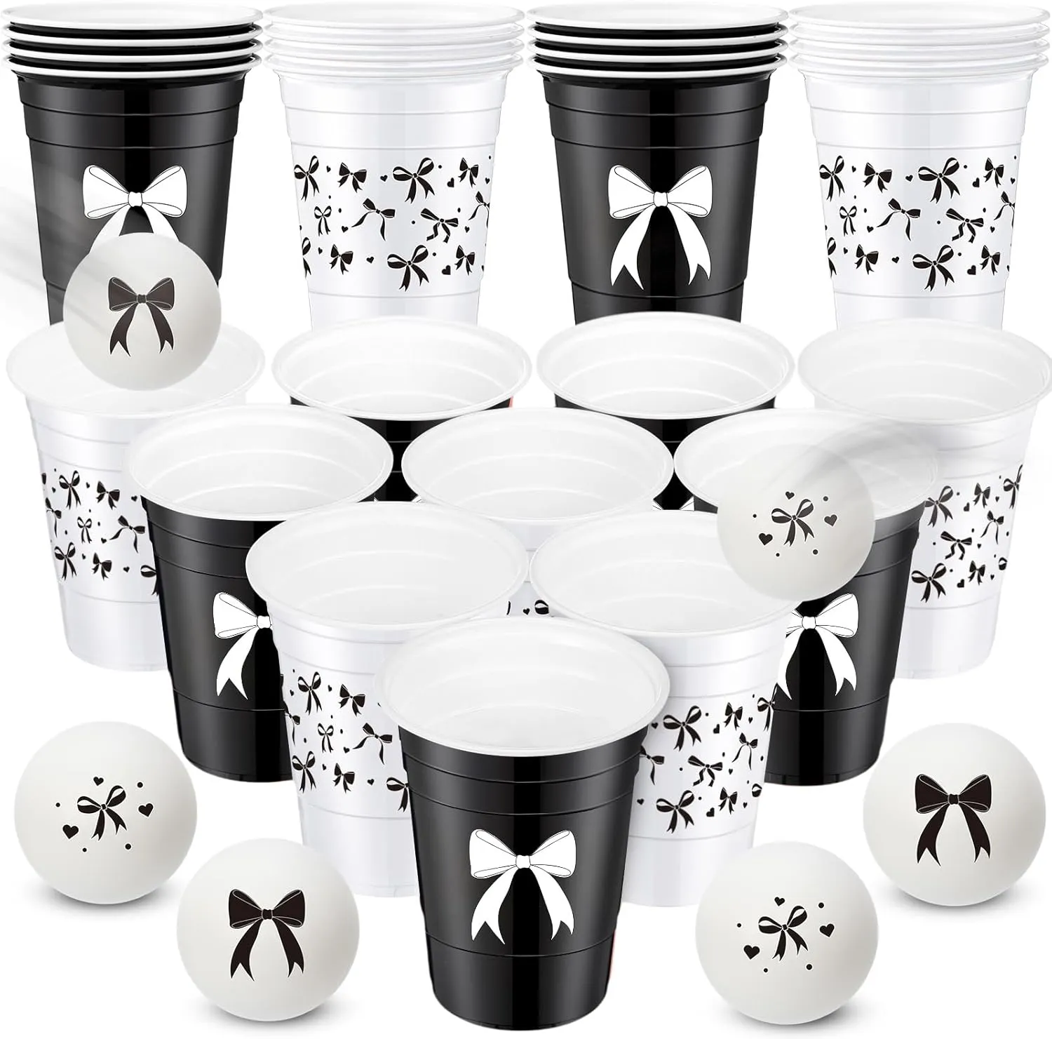 30 Pcs Black Bow Party Beer Ball Game Supplies Set, 22 Pcs 16 oz Coquette Bow Plastic Cup and 8 Pcs Bow Themed Beer Balls for Birthday Wedding Baby Shower Party Funny Supplies