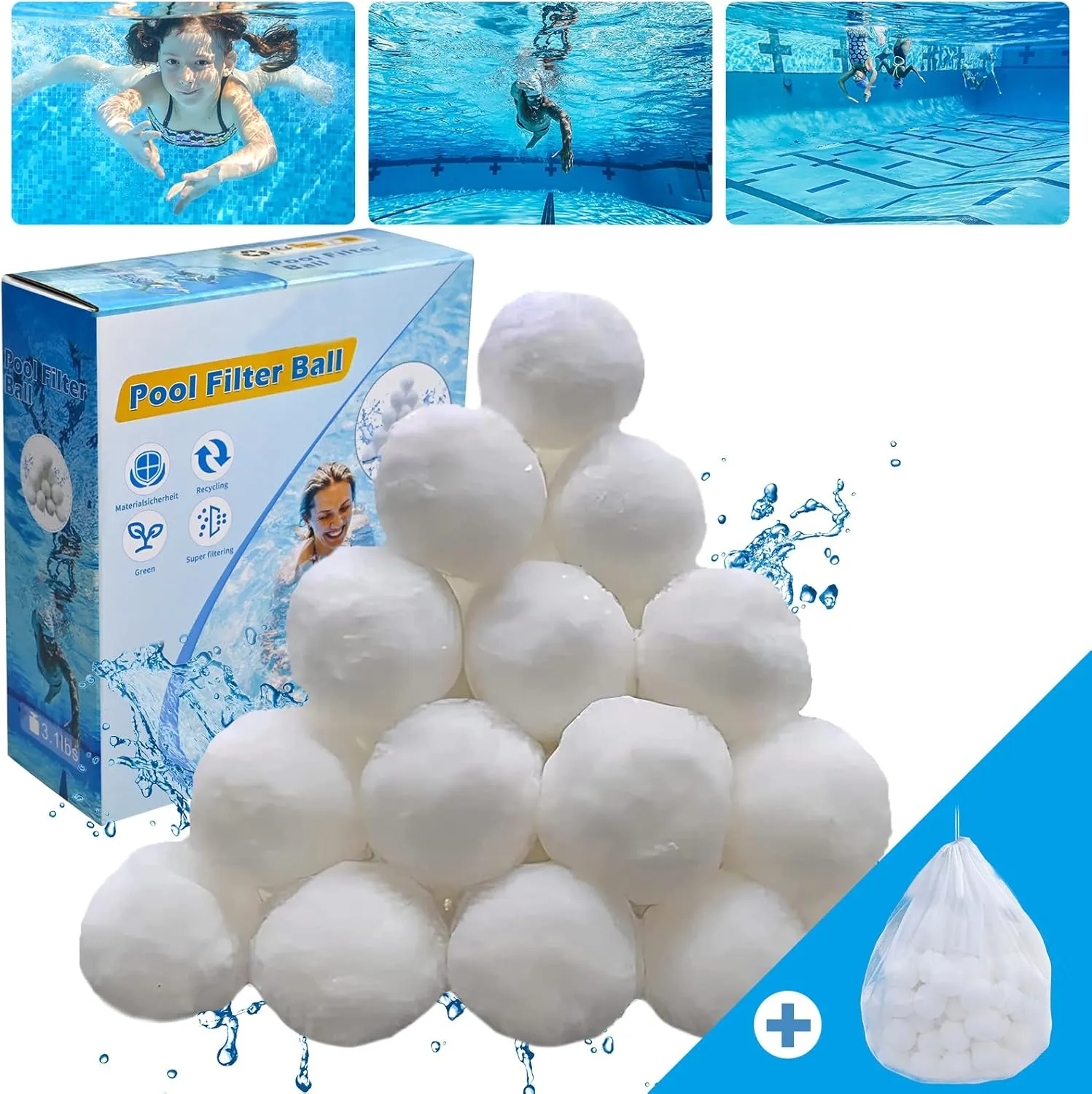 3.1 lbs Pool Filter Ball for Sand Filter Pump for Above Ground Pool, Pool Filter Media Balls Instead of Sand, Reusable Eco-Friendly Fiber Filter Media Ball (Equals 110 lbs Pool Filter Sand)