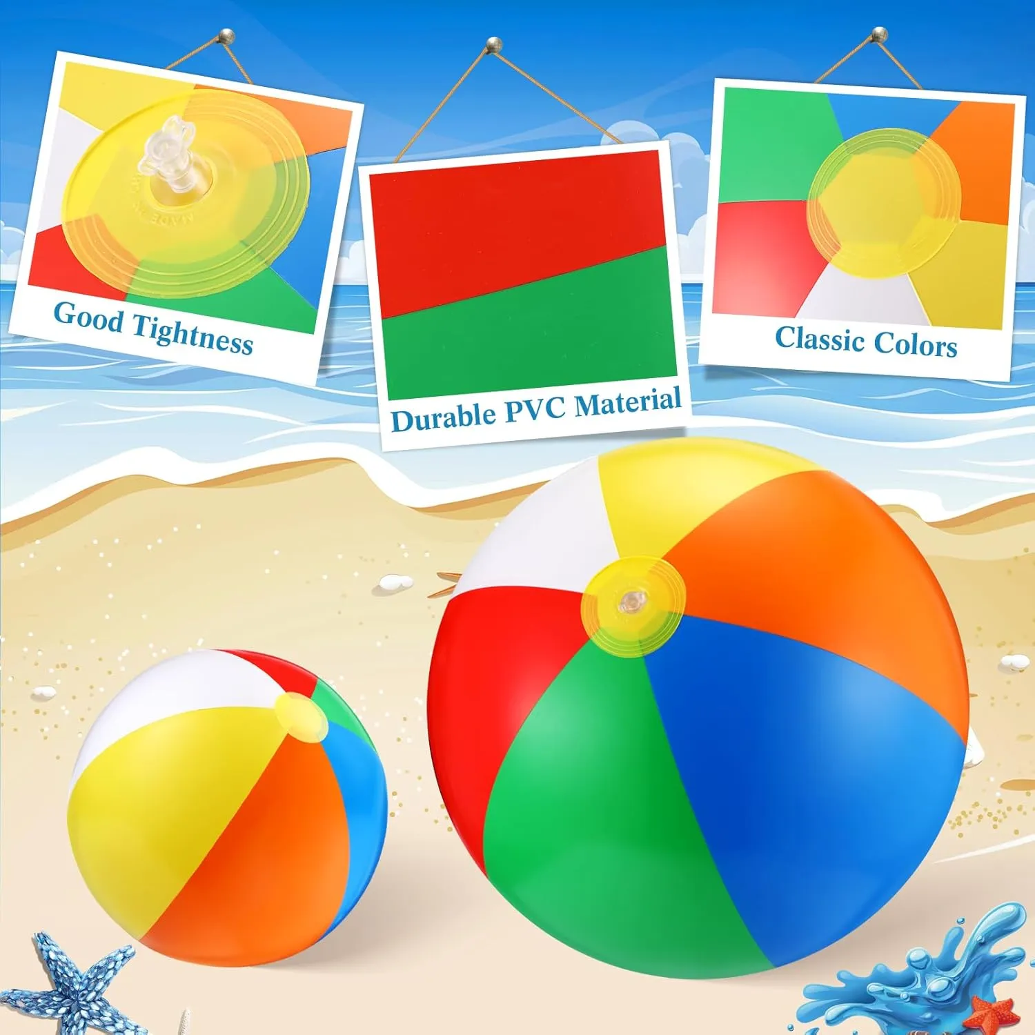 36 Pcs Inflatable Beach Balls Bulk 6" 12" 16" 24" 40" Multiple Sizes PVC Summer Swimming Pool Ball for Adults Outdoor Beach Hawaii Water Games Party Decorations