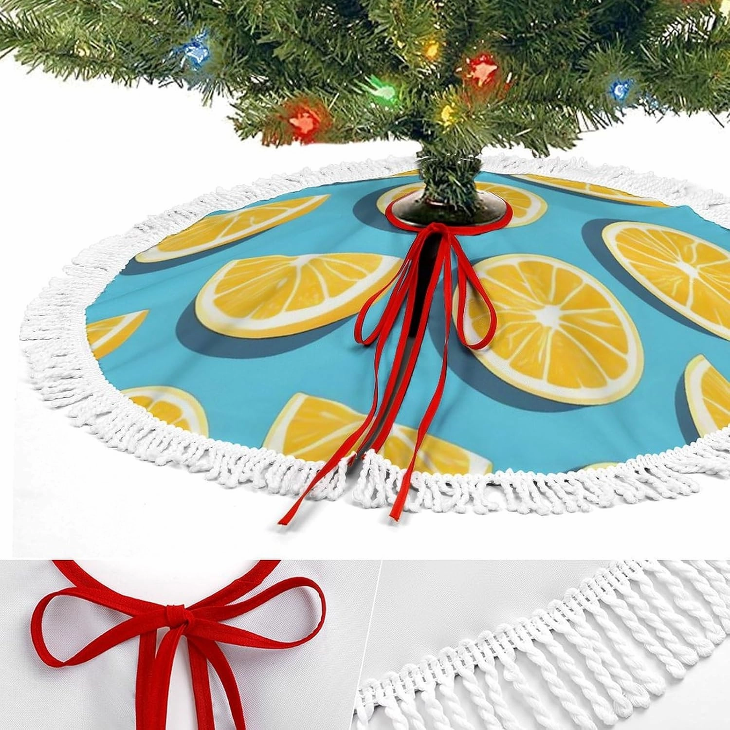 36 Inches Christmas Tree Skirt Lemon Wedges Printed Xmas Tree Mat Christmas Decor for Holiday Ornaments Party Home Indoor Outdoor Decorations