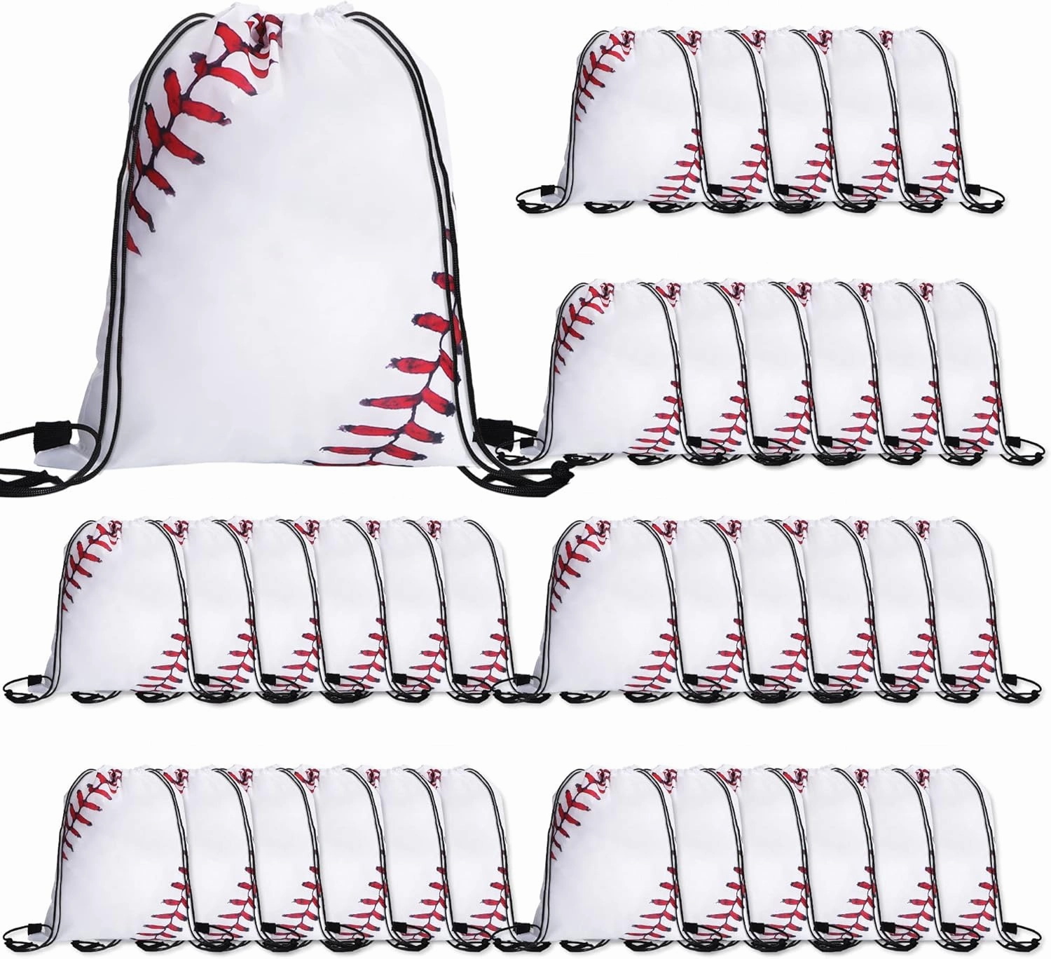 36 Pcs Ball Drawstring Bags Sports Gym Bag Unisex Ball String Backpacks for Kids Various Ball Games Party Favors (baseball), White and Red, 11.8 x 15.7 inch