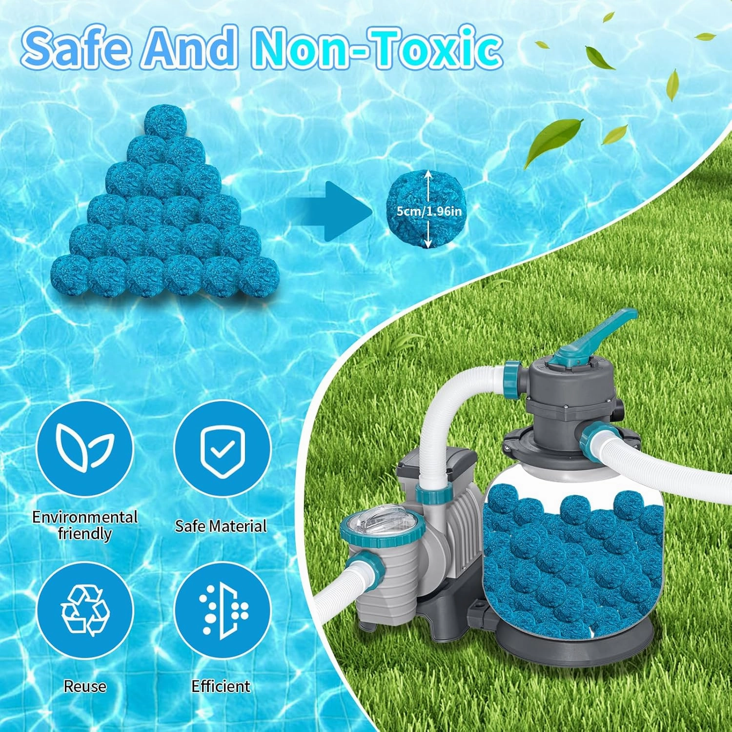 3.1lbs Pool Filter Balls for Sand Filter, Reusable Pool Filter Balls, Eco-Friendly Fibre Media Balls for Above Ground Sand Pool Pump, with Wash Bag (Blue)