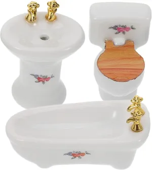 3Pcs Dollhouse Porcelain Bathroom Set: Kids 1: 12 Scale Ceramic Dollhouse Toilet Bathtub Washbasin Miniature Furniture for Mini House Bathroom Restroom Accessories