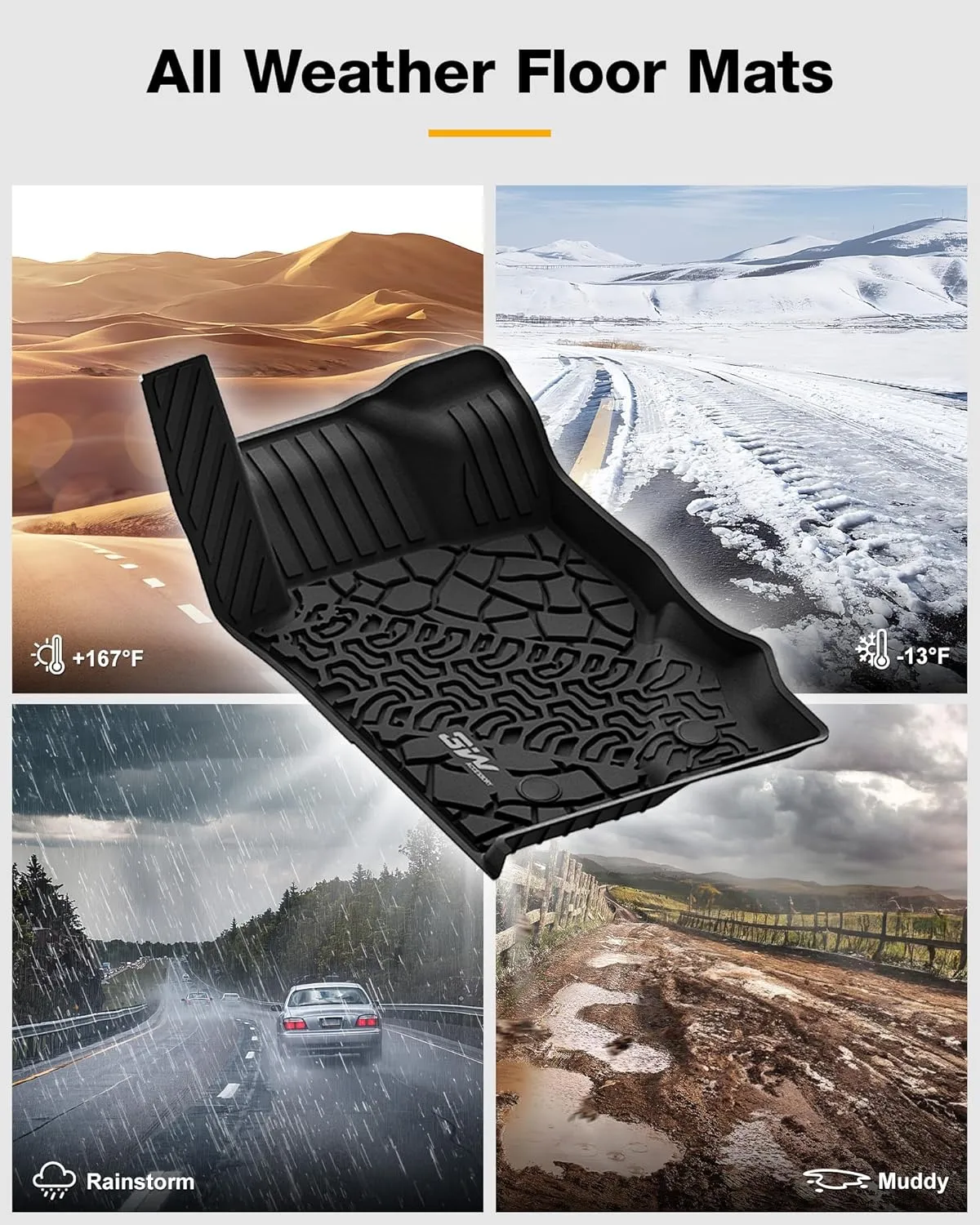 3W Floor Mats & Cargo Liner Fit for 2021-2024 2025 Ford Bronco 4 Door, TPE All Weather Custom Fit Floor Liner 1st 2nd Row and Full Set Trunk Mats, Black (Not for Bronco Sport & Rubberized Floor)
