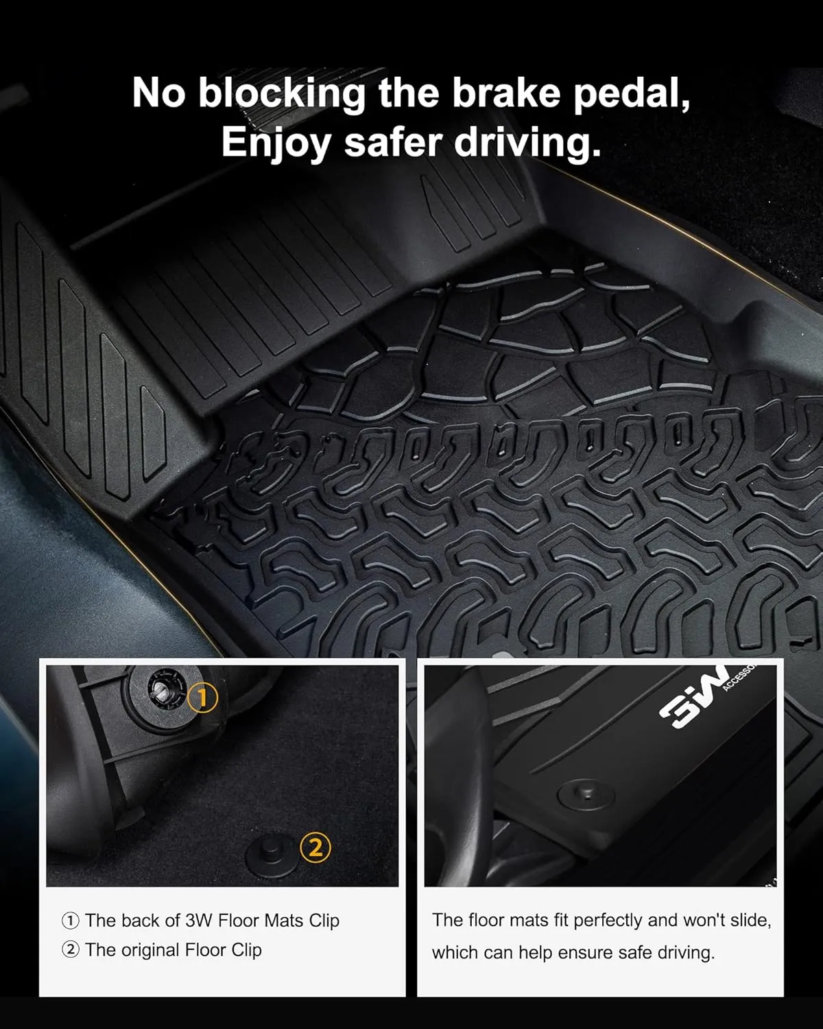3W Floor Mats & Cargo Liner Fit for 2021-2024 2025 Ford Bronco 4 Door, TPE All Weather Custom Fit Floor Liner 1st 2nd Row and Full Set Trunk Mats, Black (Not for Bronco Sport & Rubberized Floor)