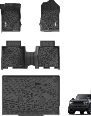 3W Floor Mats & Cargo Liner Fit for 2021-2024 2025 Ford Bronco 4 Door, TPE All Weather Custom Fit Floor Liner 1st 2nd Row and Full Set Trunk Mats, Black (Not for Bronco Sport & Rubberized Floor)