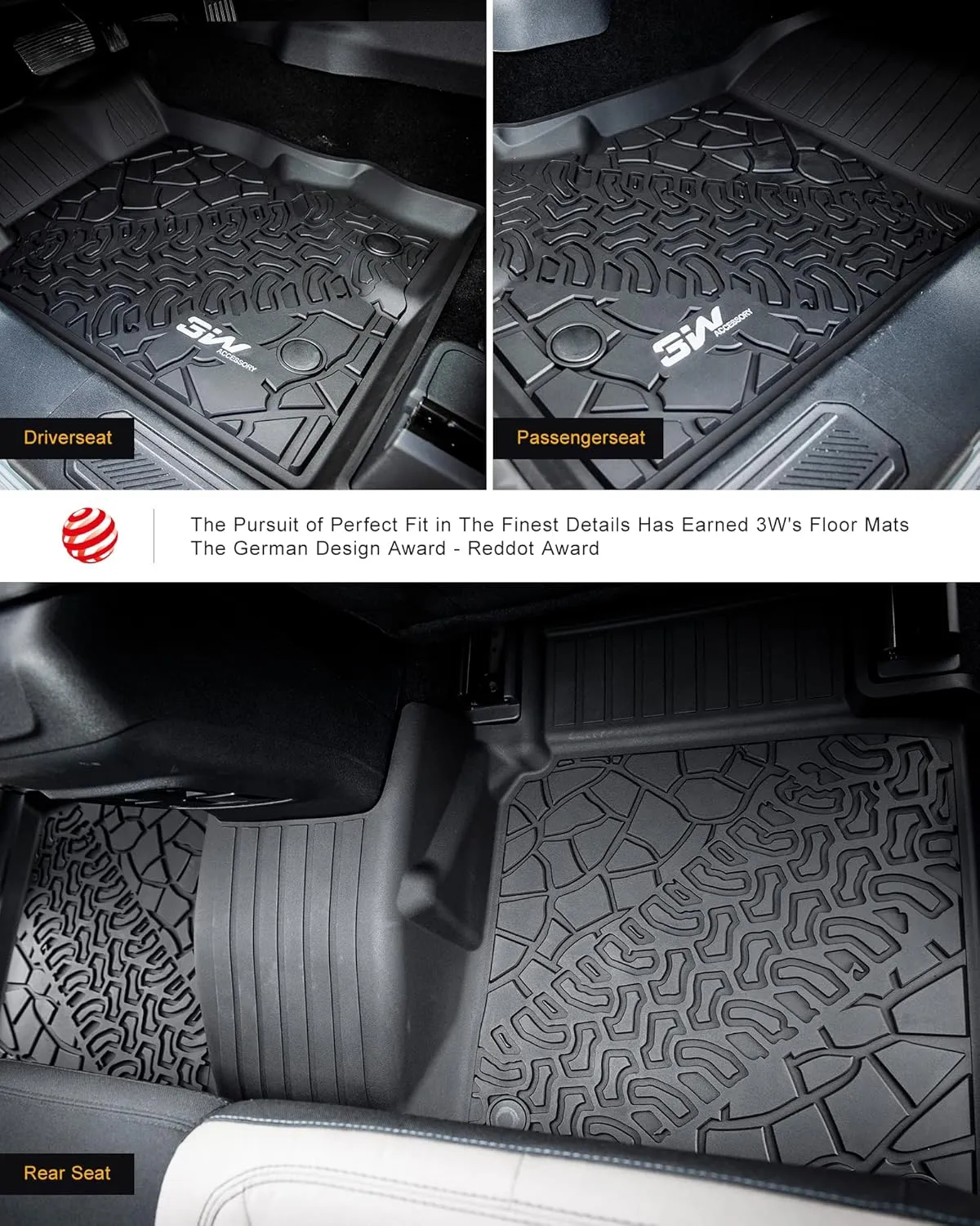 3W Floor Mats & Cargo Liner Fit for 2021-2024 2025 Ford Bronco 4 Door, TPE All Weather Custom Fit Floor Liner 1st 2nd Row and Full Set Trunk Mats, Black (Not for Bronco Sport & Rubberized Floor)