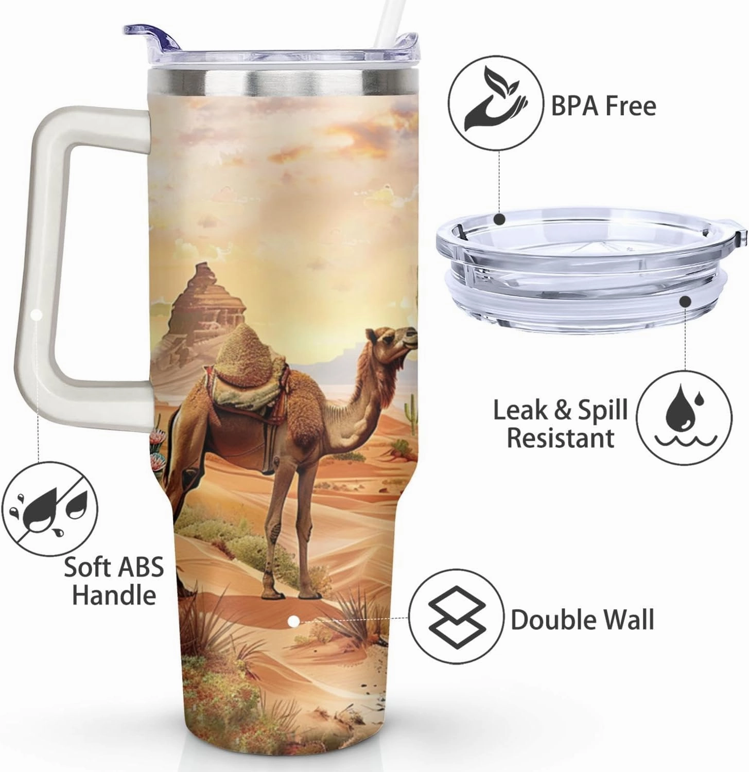 40 oz Camel Tumbler with Handle and Straw Lid,Leak Proof Travel Stainless Insulated Tumbler,Cup Holder Friendly,Perfect for Outdoor Travel Car and Sports