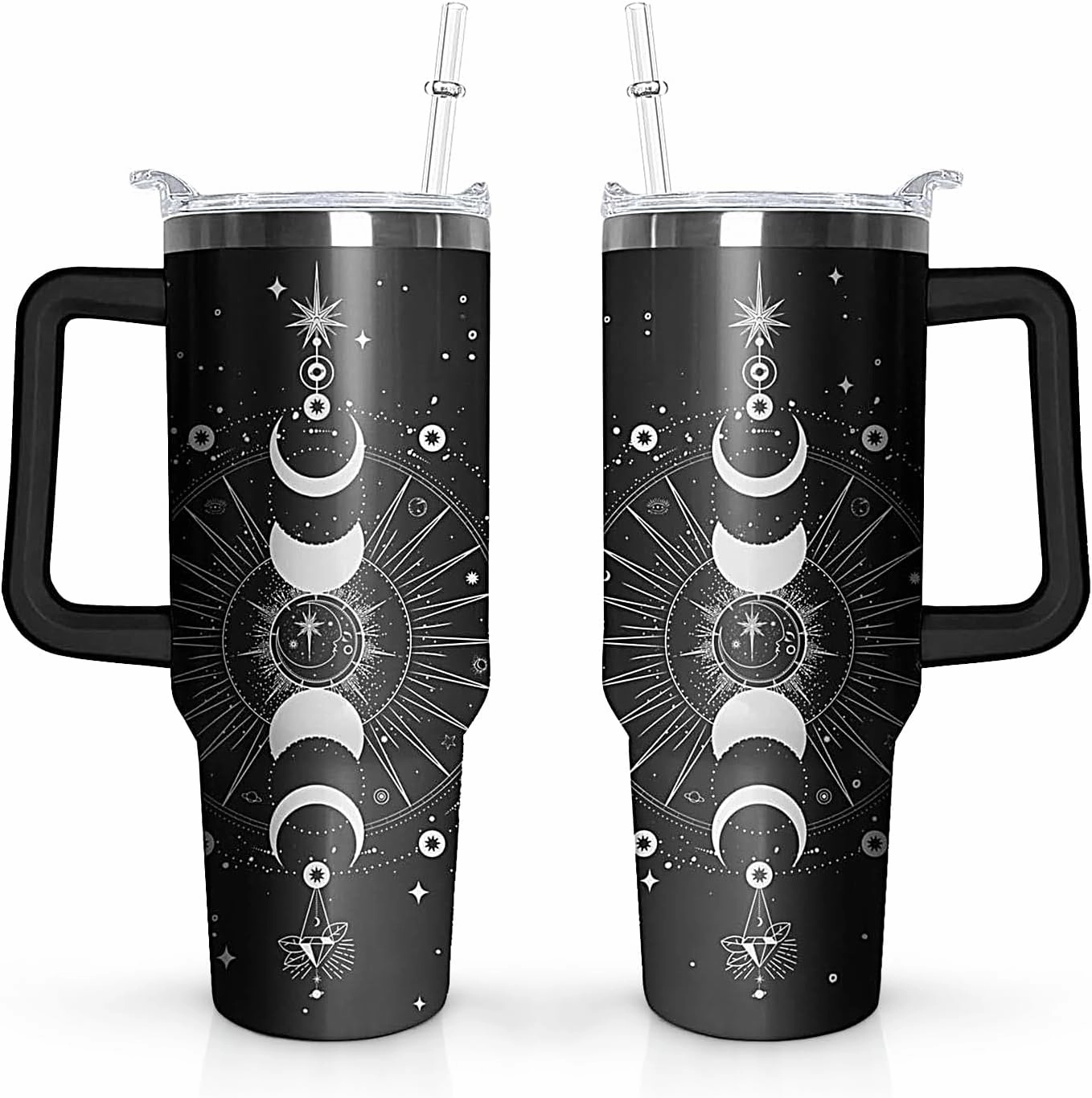 40 oz Sun and Moon Tumbler with Handle and Straw Lid,Leak Proof Travel Stainless Insulated Tumbler,Cup Holder Friendly,Perfect for Outdoor Travel Car and Sports