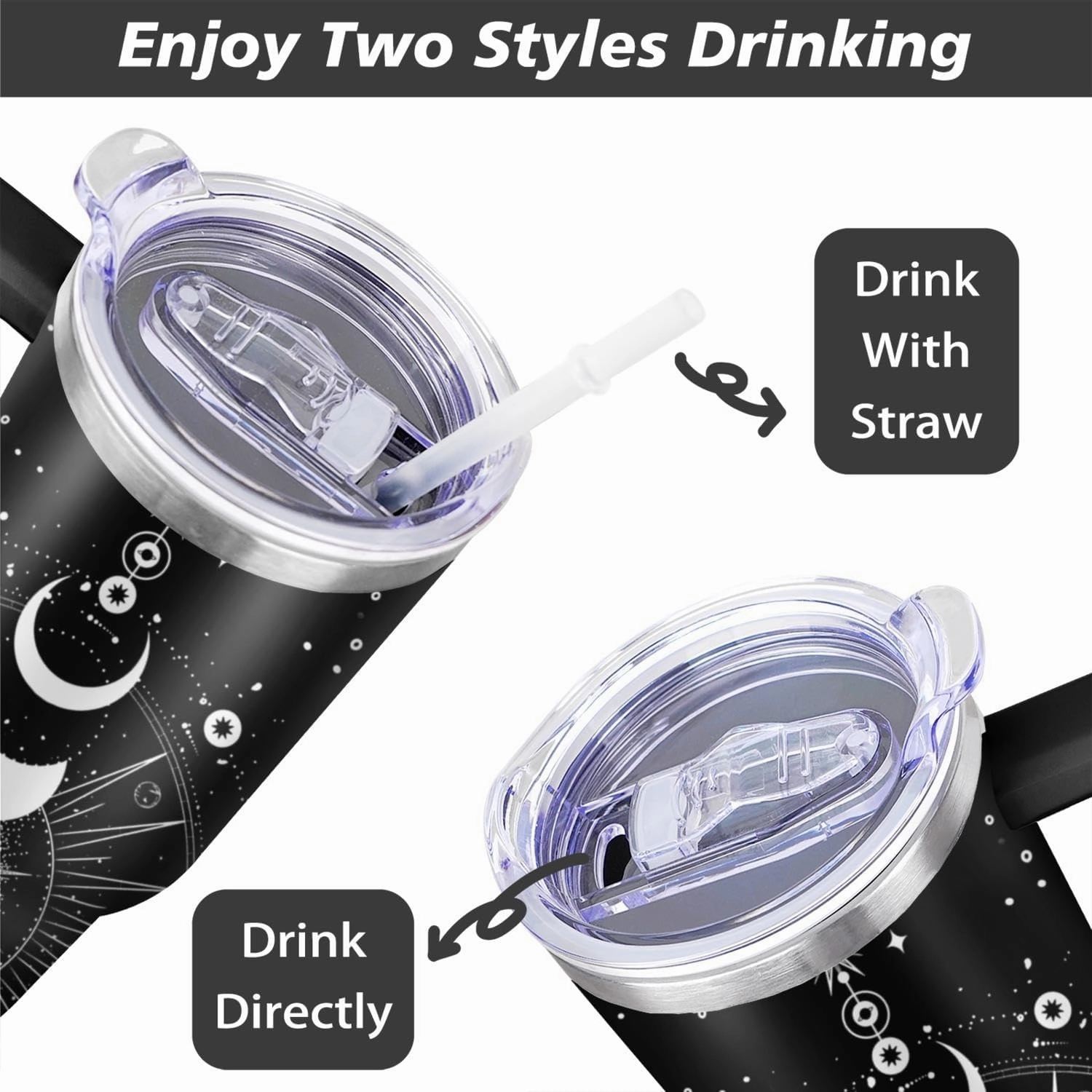 40 oz Sun and Moon Tumbler with Handle and Straw Lid,Leak Proof Travel Stainless Insulated Tumbler,Cup Holder Friendly,Perfect for Outdoor Travel Car and Sports