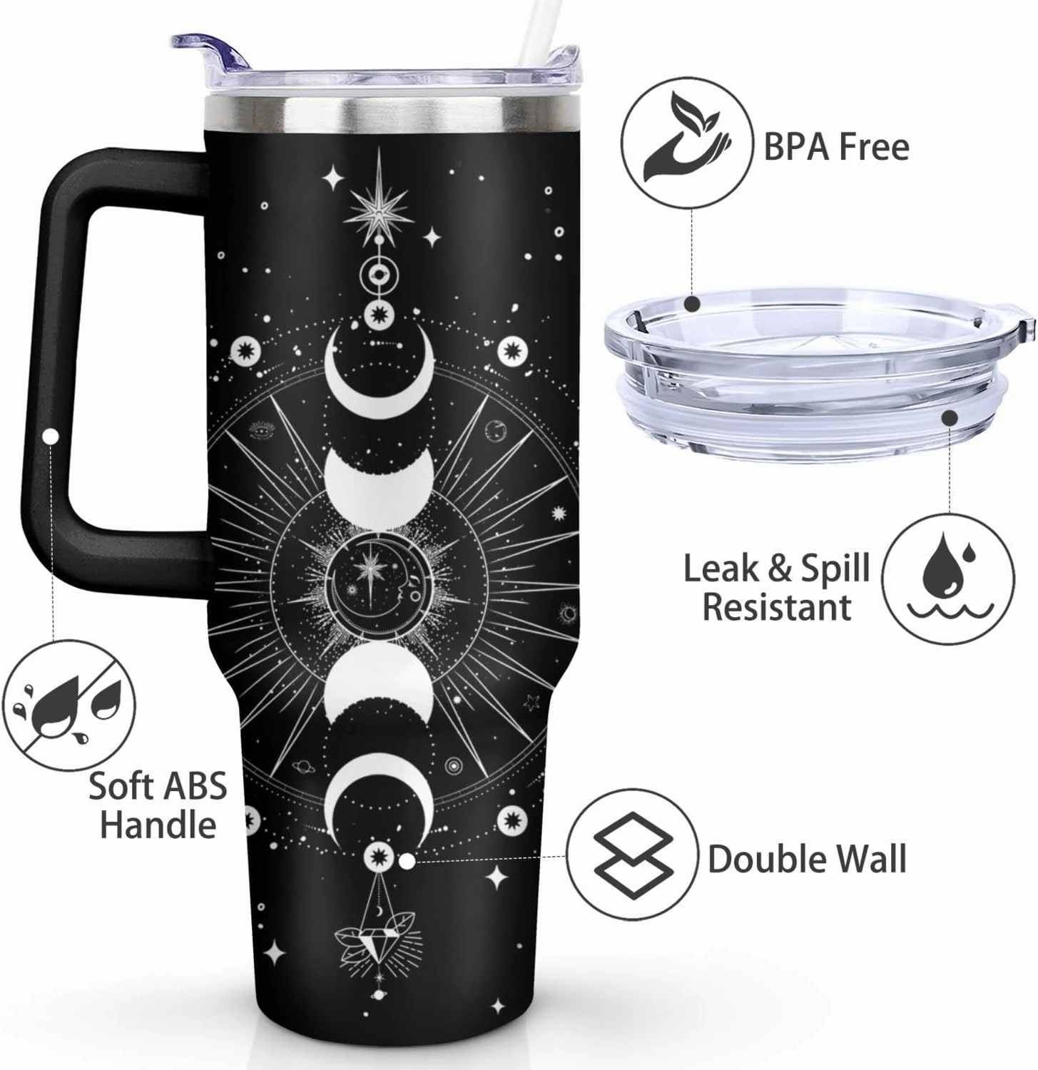 40 oz Sun and Moon Tumbler with Handle and Straw Lid,Leak Proof Travel Stainless Insulated Tumbler,Cup Holder Friendly,Perfect for Outdoor Travel Car and Sports